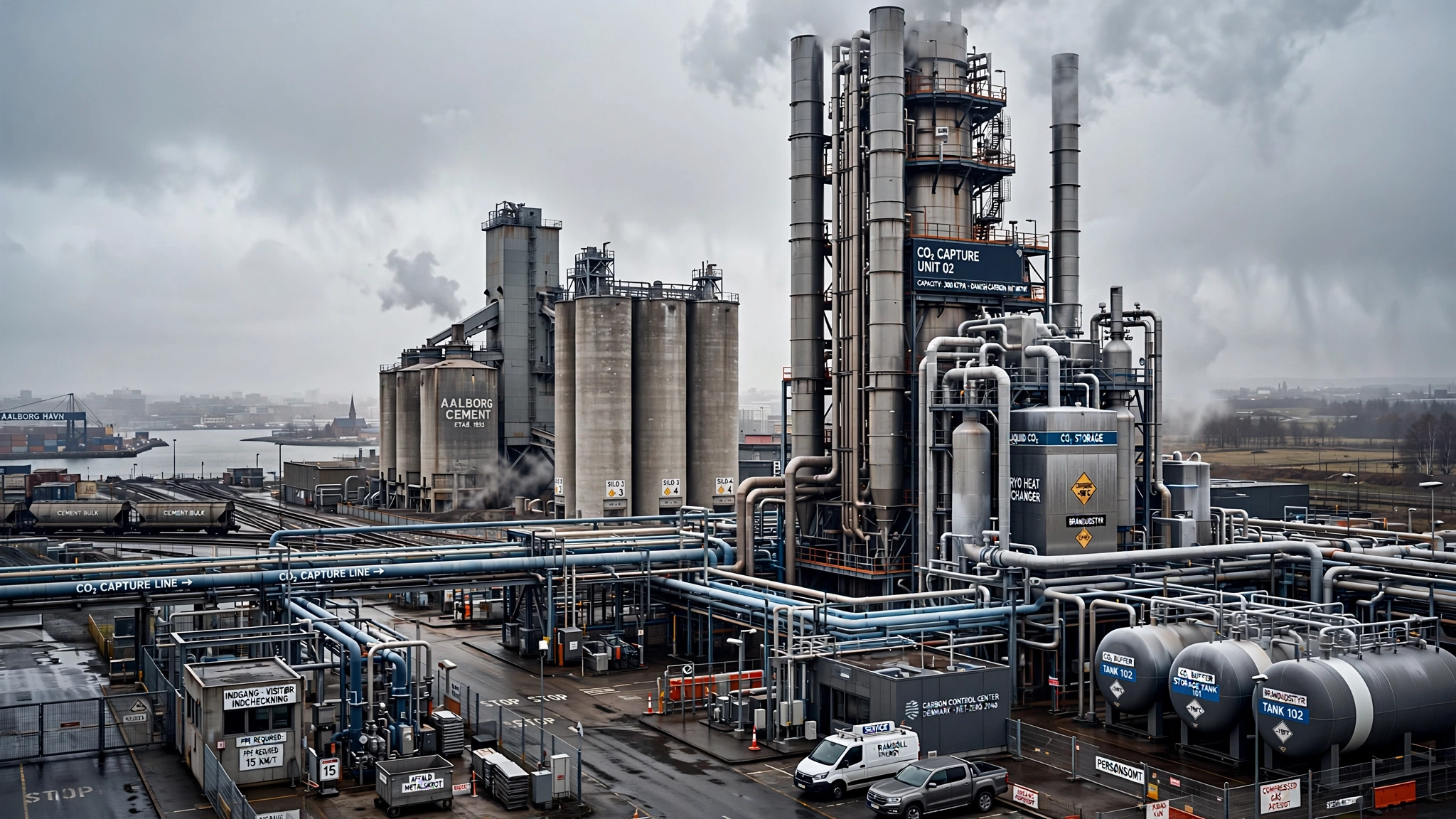 Industrial cement plant with modern carbon capture infrastructure in Northern Europe