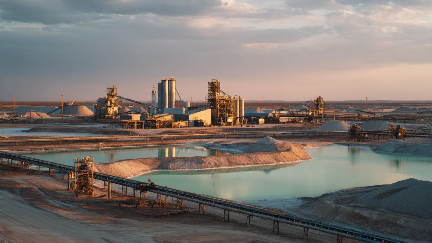 Industrial brine extraction facility in the Arkansas Smackover Formation with drilling equipment and processing towers against a flat southern landscape