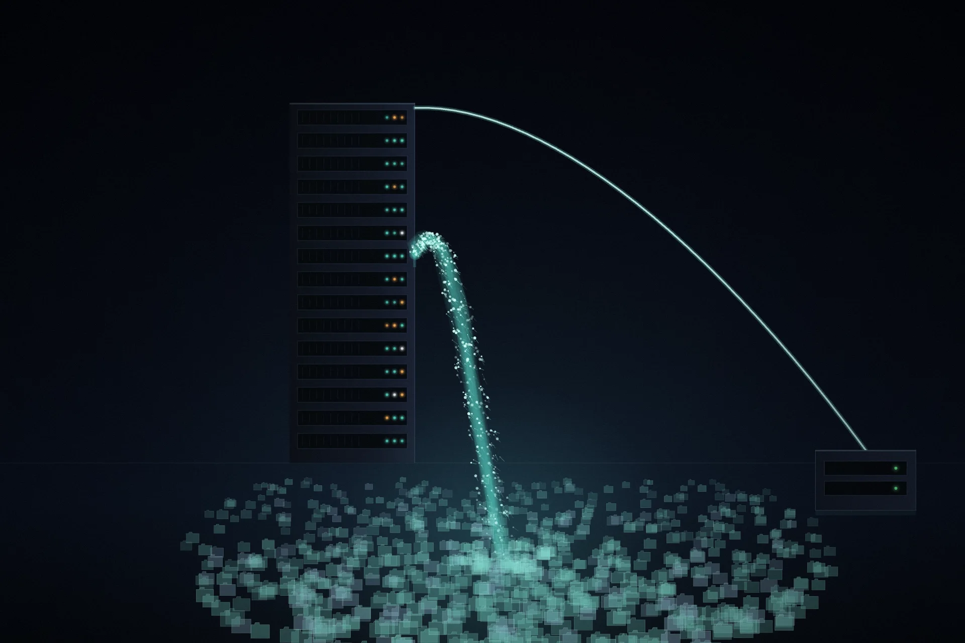 A dark server rack spilling a glowing stream of data across a floor of scattered translucent folders, with one clean bright cable arcing over to a small storage enclosure