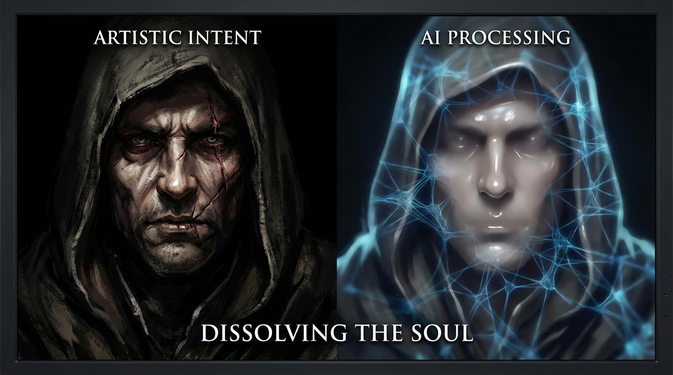 Split-screen showing a game character's face — one side with original art direction, the other smoothed and altered by AI neural rendering