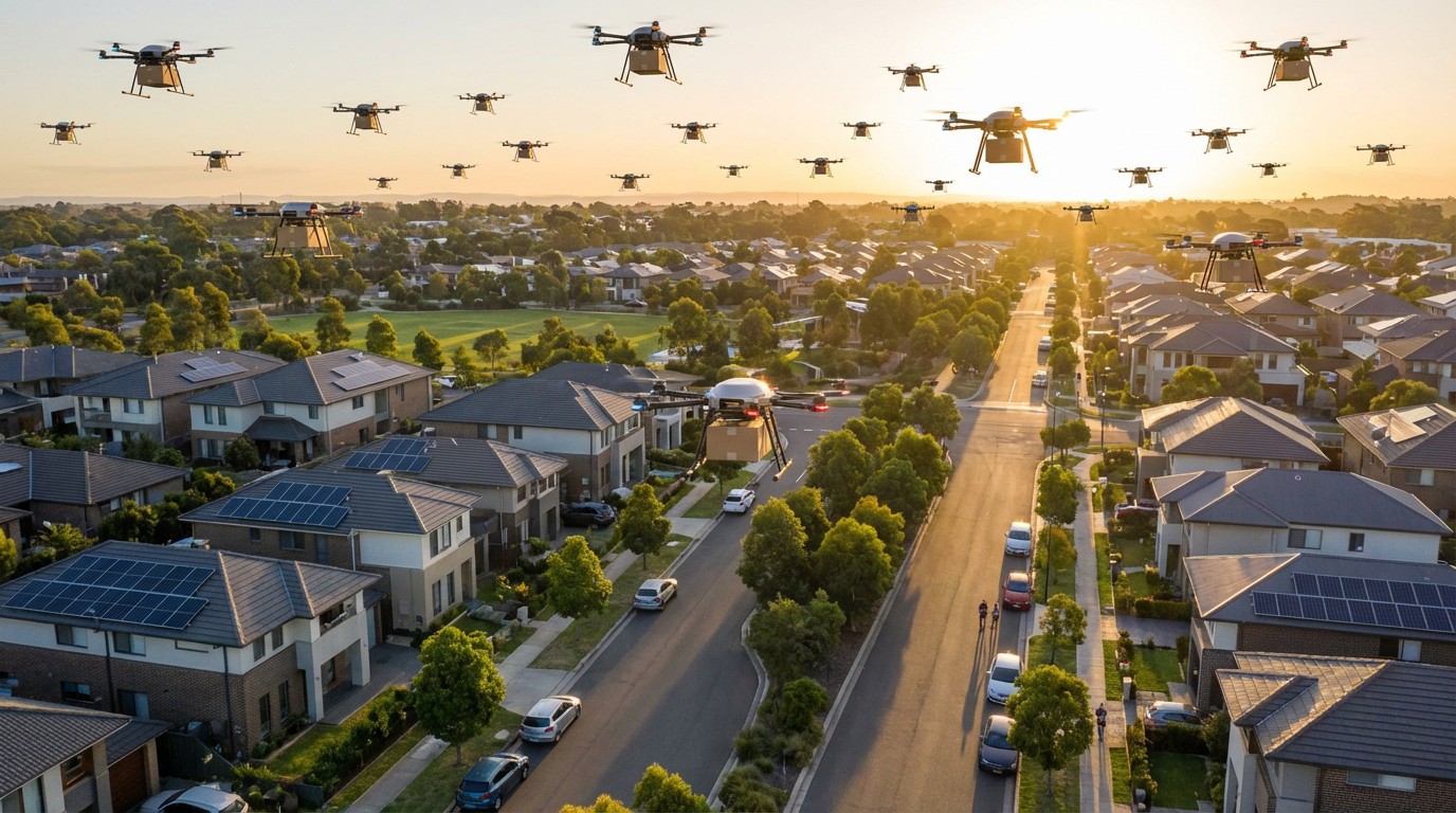 Autonomous delivery drones flying over a suburban neighborhood at golden hour