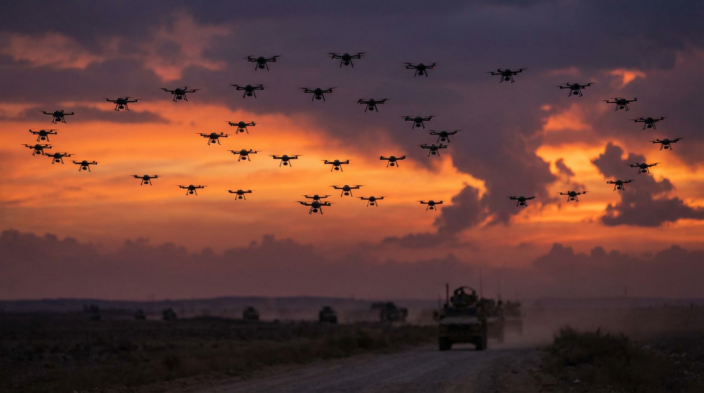 Autonomous drone swarm at sunset