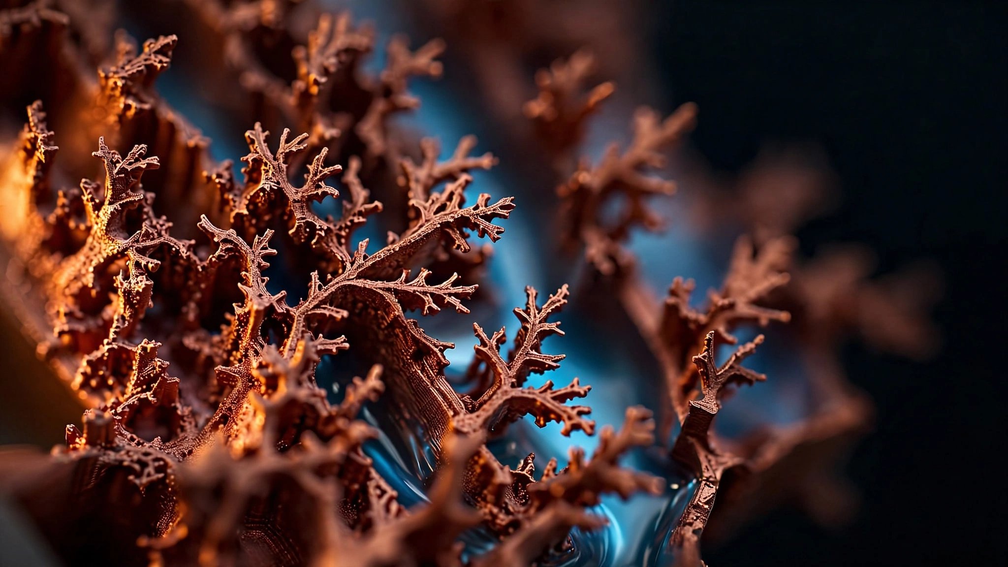 Close-up of a copper cold plate with intricate topology-optimized fin structures, glowing under warm lab lighting