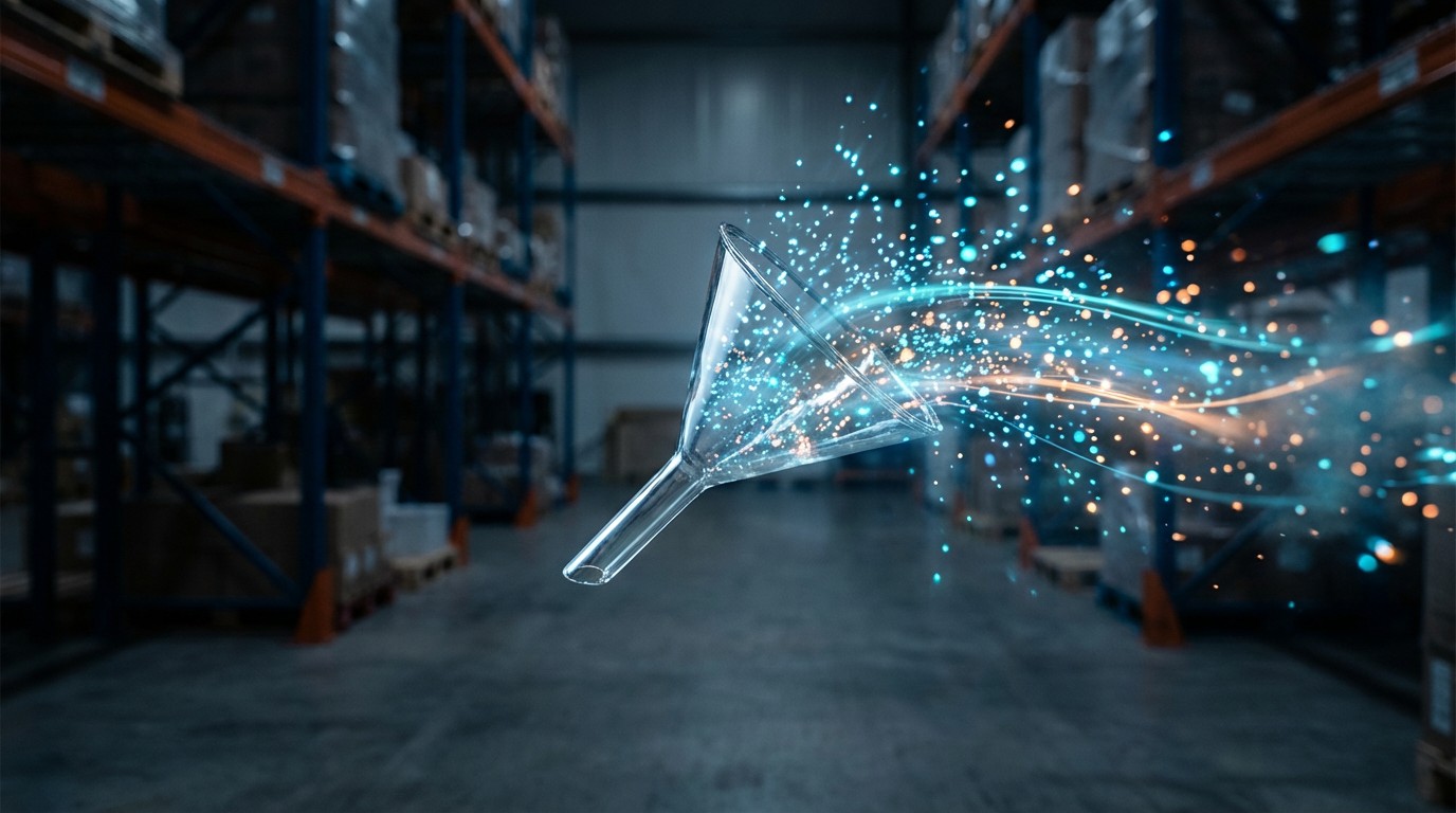 Abstract visualization of a traditional marketing funnel shattering into fragments, with social media icons and shopping carts emerging from the debris against a dark background