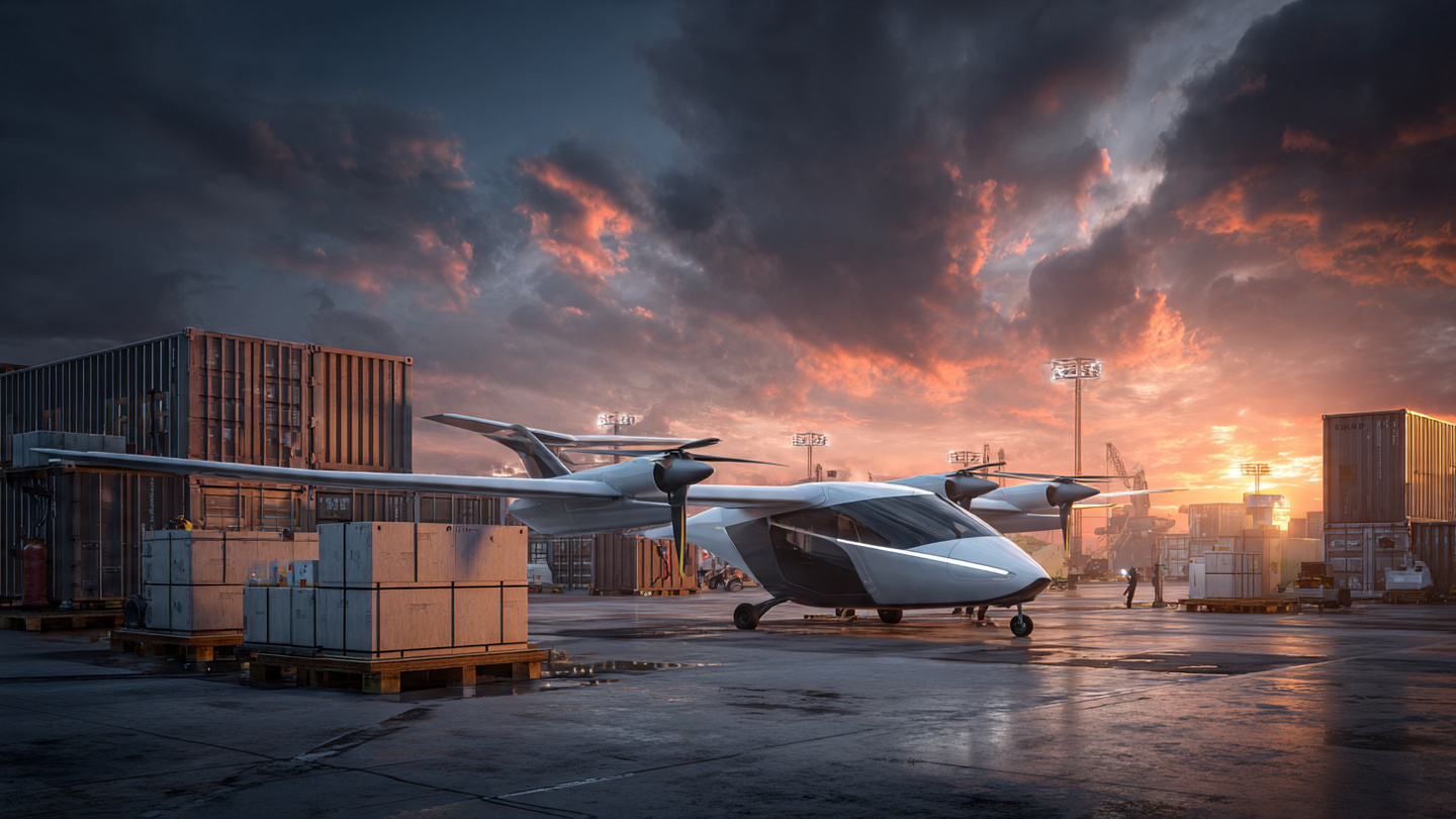 Electric VTOL cargo aircraft at a logistics hub at sunrise with medical supply crates being loaded