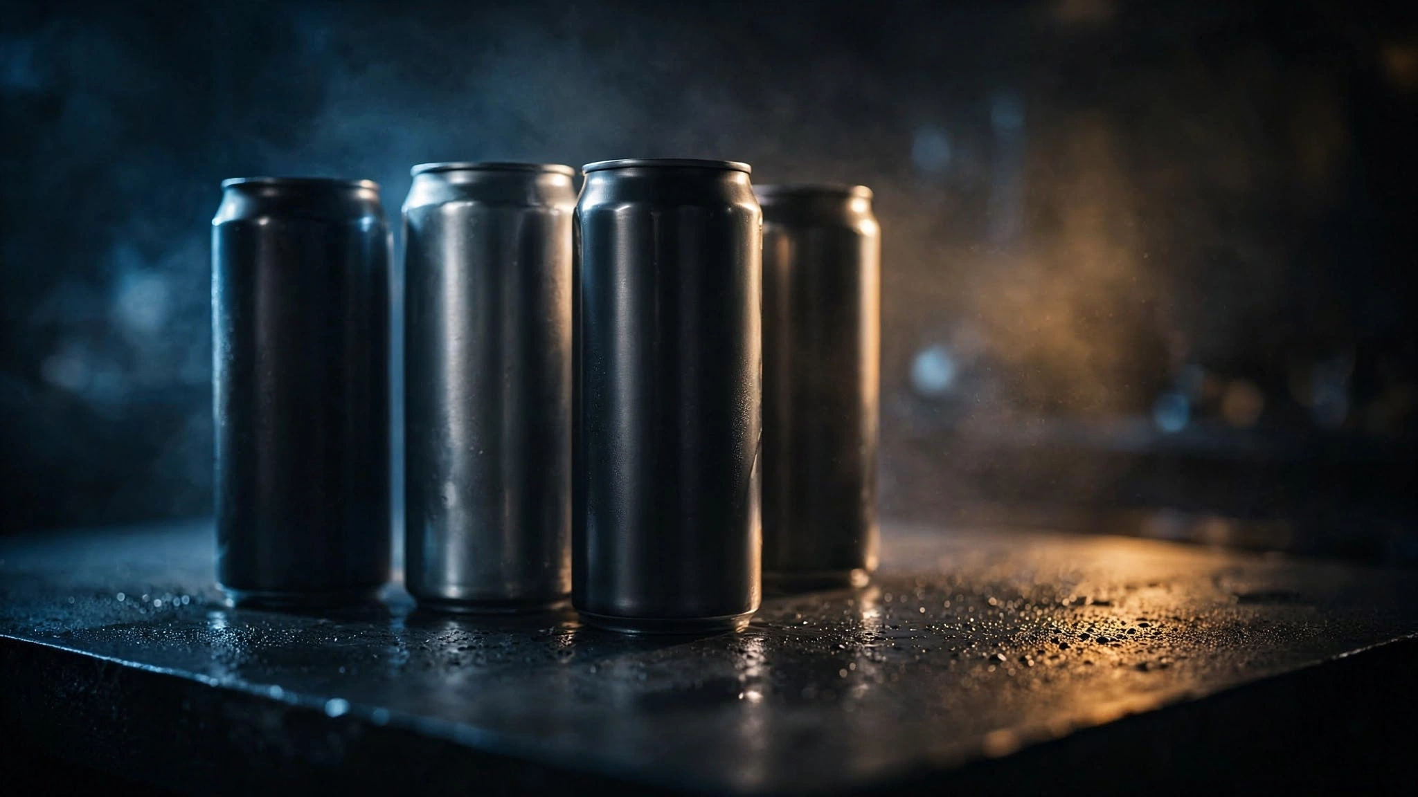 Energy drink cans arranged on a dark surface with dramatic lighting