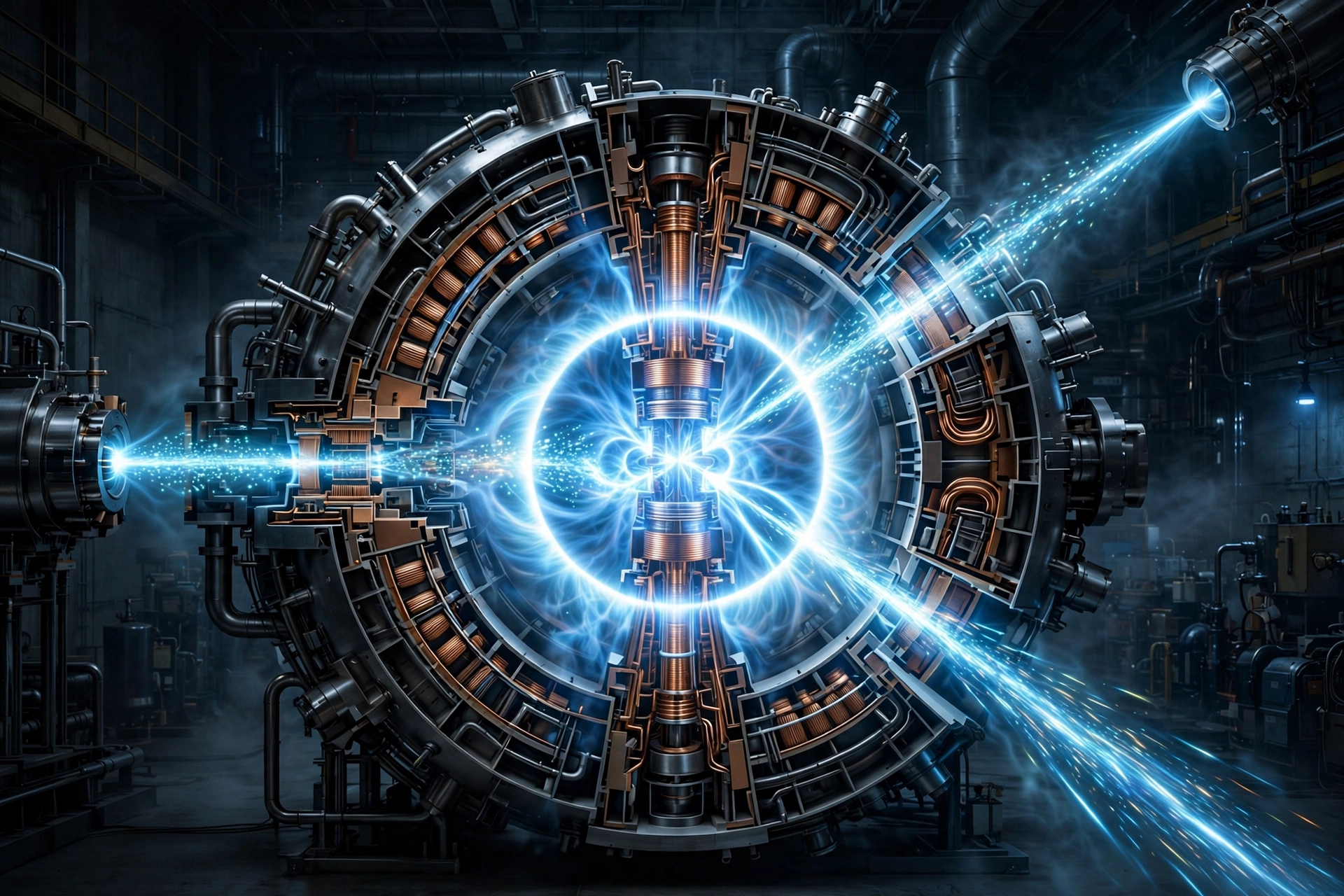 Cross-section of a compact spherical tokamak glowing with blue-white plasma, proton beams converging on the plasma core, dark industrial hall, no text