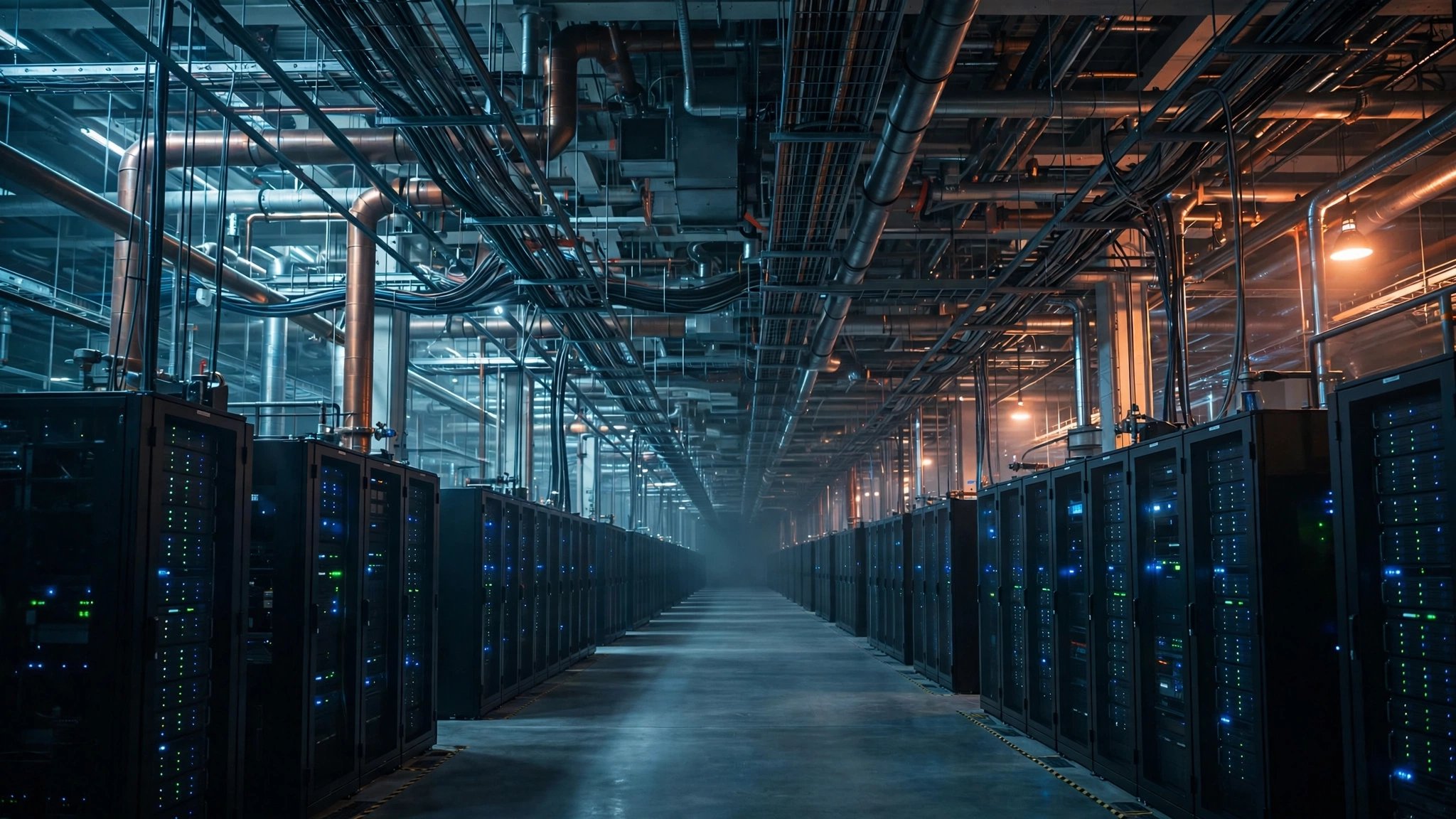 A vast empty data center stretching to the horizon, rows of server racks with blinking lights but no visible workloads, power cables feeding into unused capacity against an industrial skyline