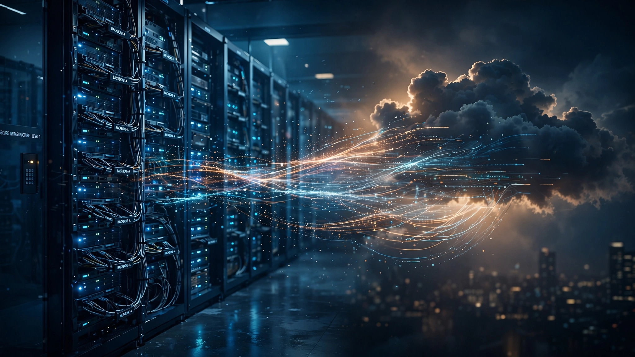 A corporate server room with glowing racks in cool blue light, with data streams flowing from a dissolving cloud back toward on-premise infrastructure