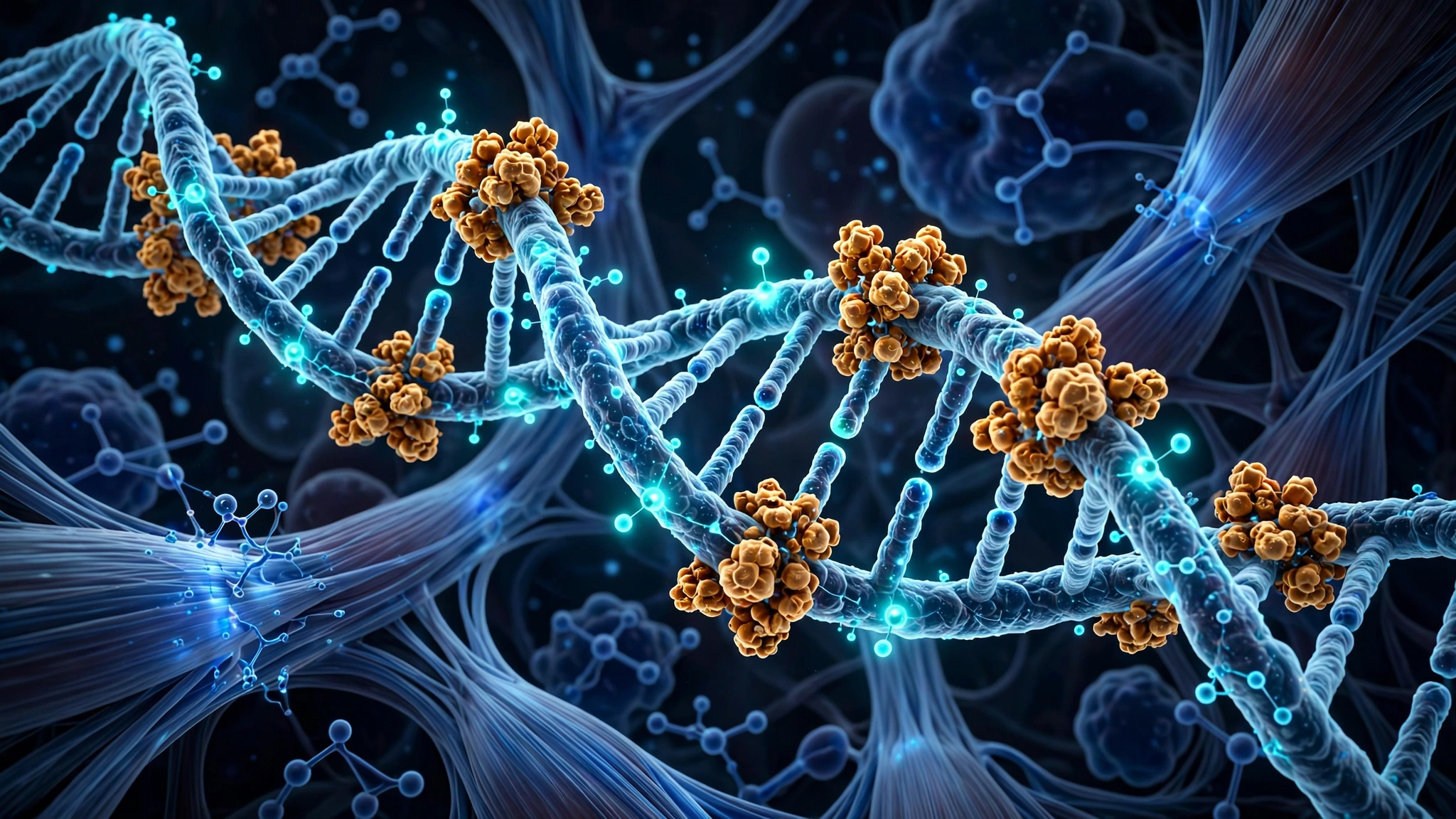 A conceptual visualization of molecular machinery modifying chemical markers along a strand of DNA inside a muscle cell, rendered in cool blues and warm golds