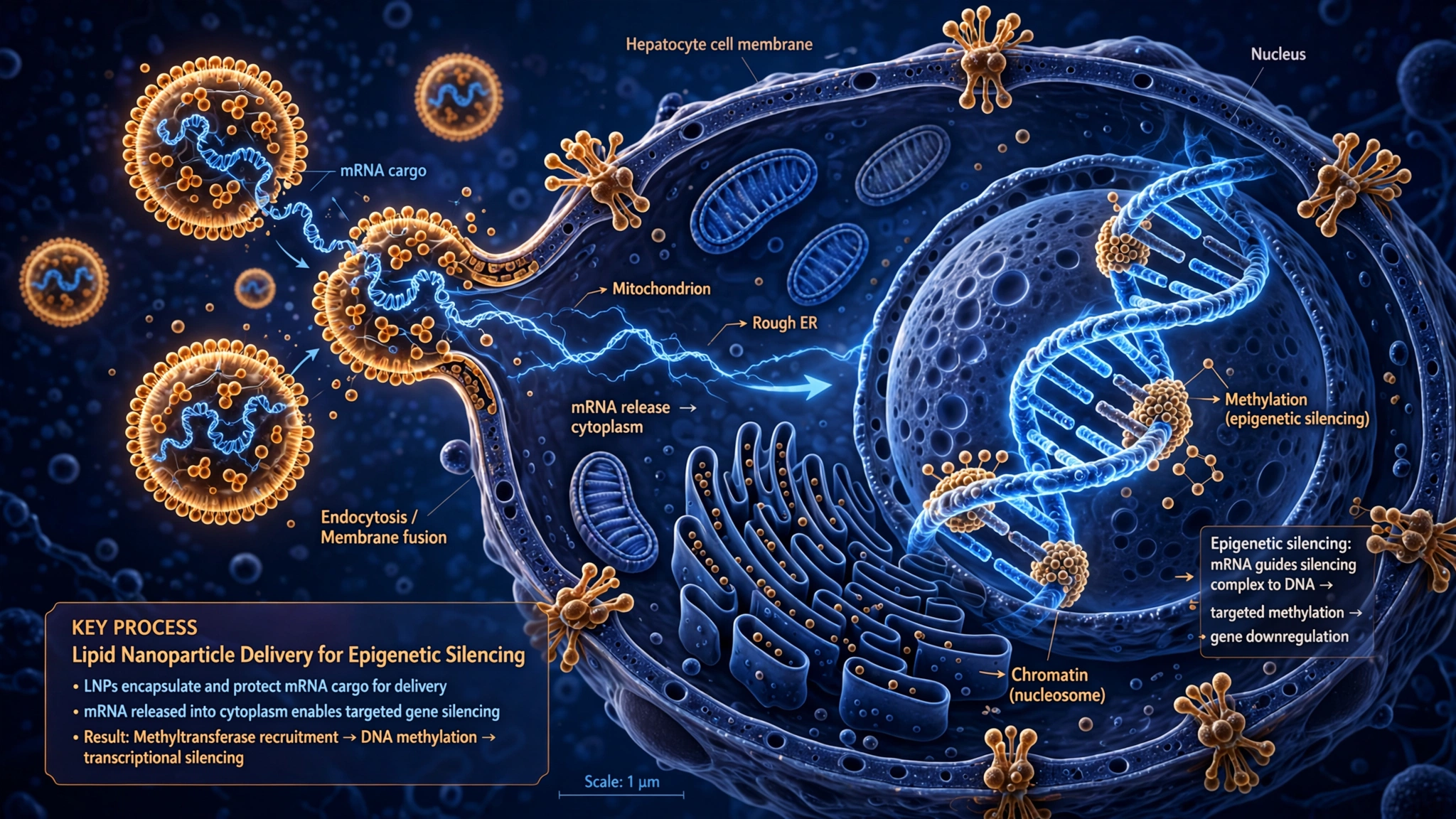 Molecular visualization of luminous DNA inside a liver cell with lipid nanoparticles delivering messenger RNA cargo for epigenetic silencing, rendered in deep indigo, electric blue, and warm amber tones