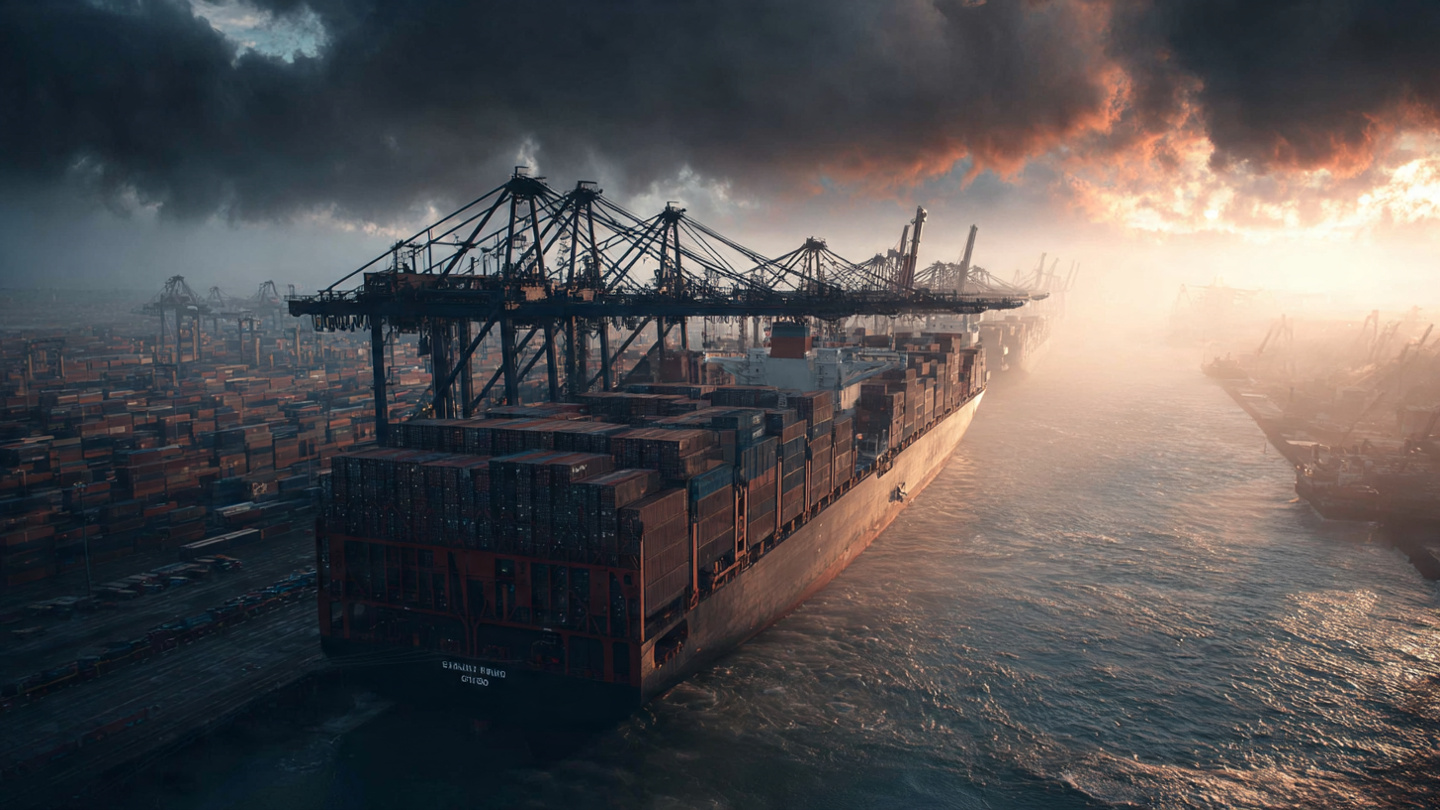 Cargo ship at a European port with steel coils being unloaded under a hazy industrial sky