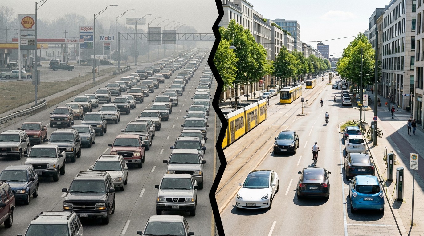 Split view contrasting a gray American highway full of gas-powered vehicles with a bright European street lined with electric vehicles at charging stations