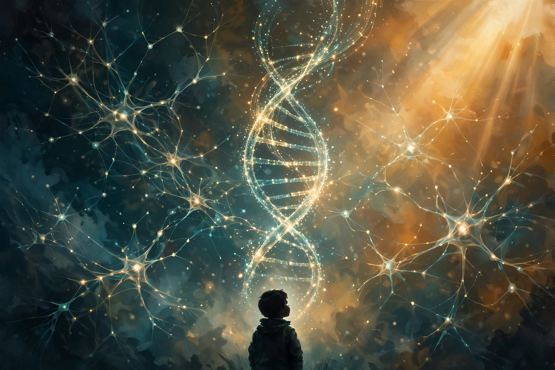 Abstract illustration of a child's silhouette overlaid with a glowing DNA double helix and neural network, warm light breaking through darkness, no text