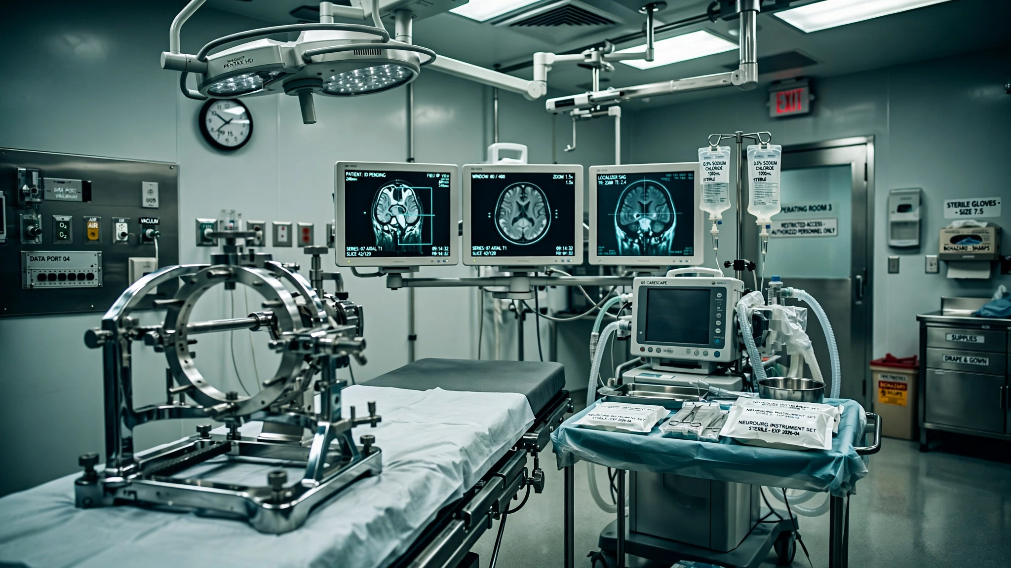 Photojournalistic image of a sterile neurosurgical suite with stereotactic frame equipment and MRI guidance monitors, empty operating table under harsh surgical lighting
