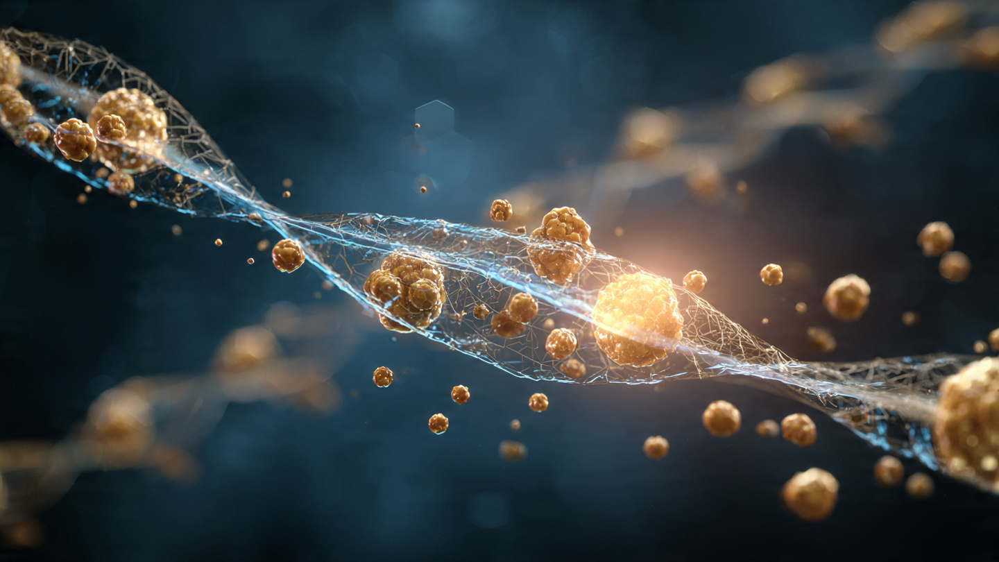 Abstract scientific visualization of personalized CRISPR gene editing with lipid nanoparticles delivering molecular scissors to liver cells against dark blue background