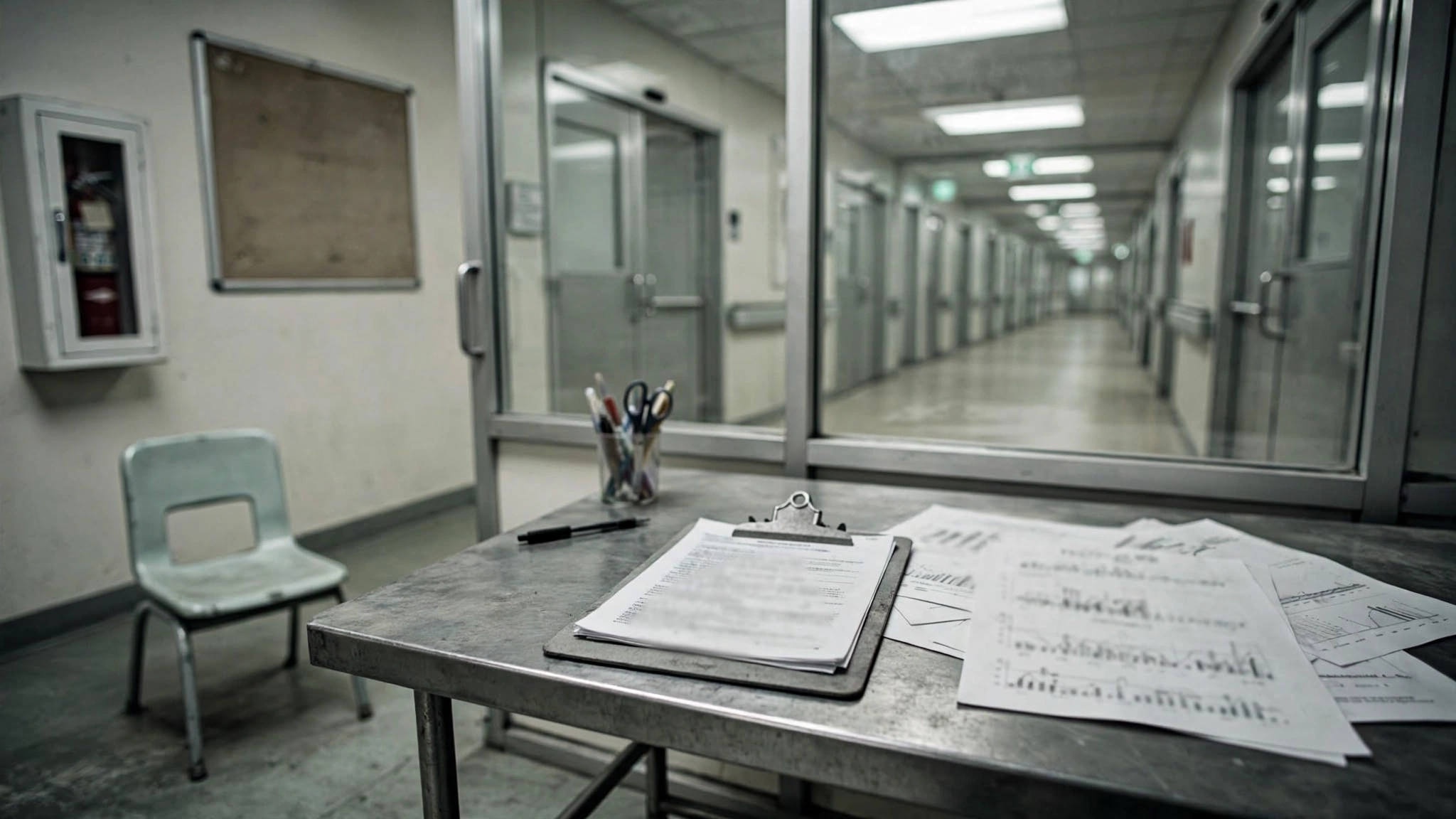 A clinical trial enrollment form dissolving into scattered numbers against a stark white hospital corridor