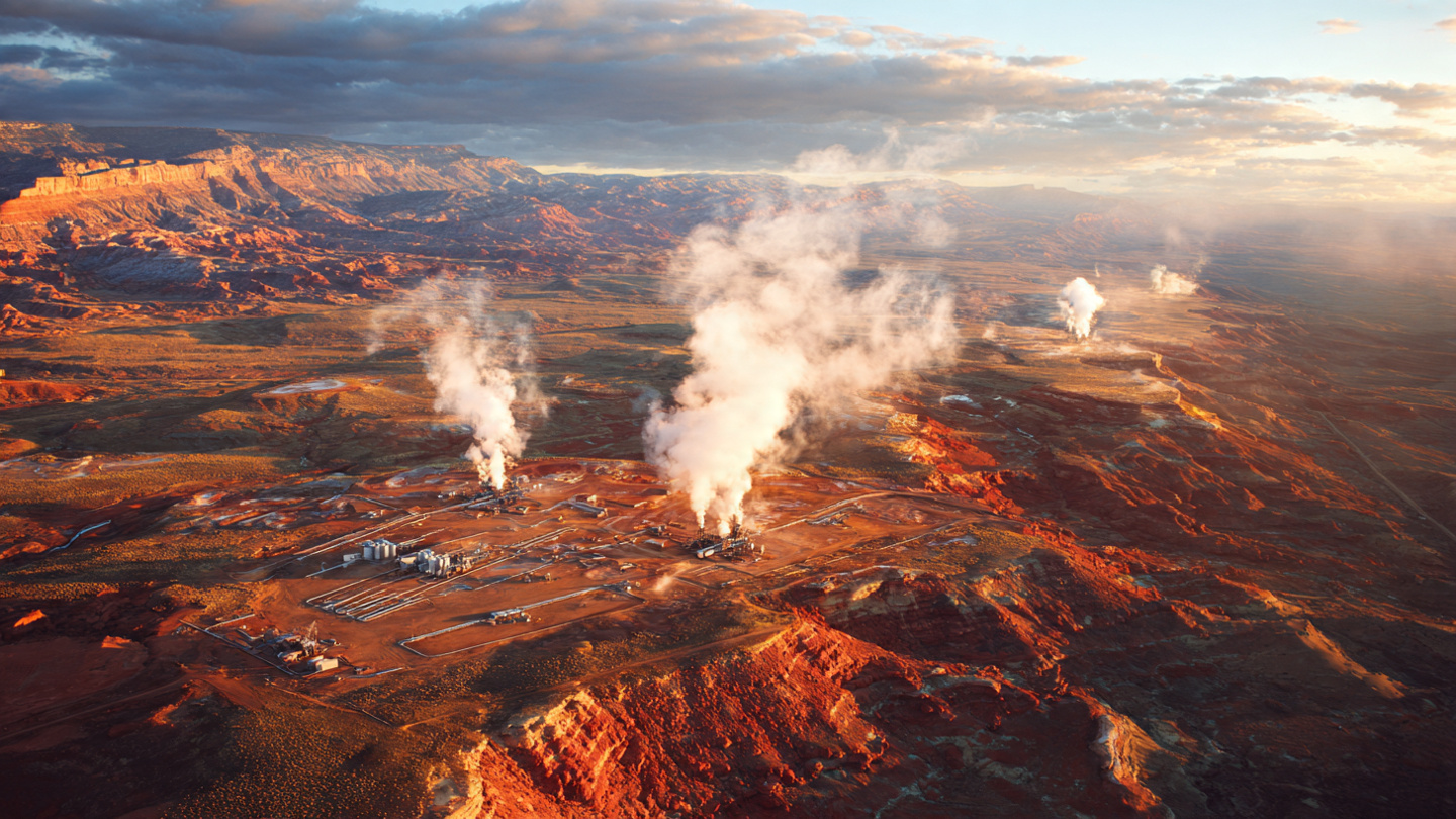 Aerial view of an enhanced geothermal drilling site in the Utah desert with steam rising from wellheads at dawn