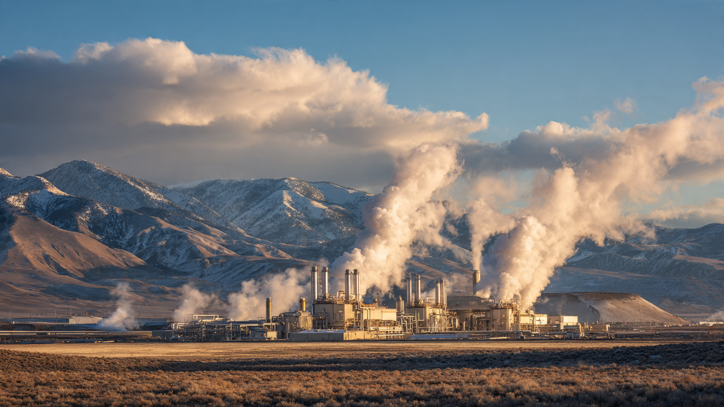Geothermal power plant with drilling rigs and condenser units in a vast Utah desert landscape with mountains in the background