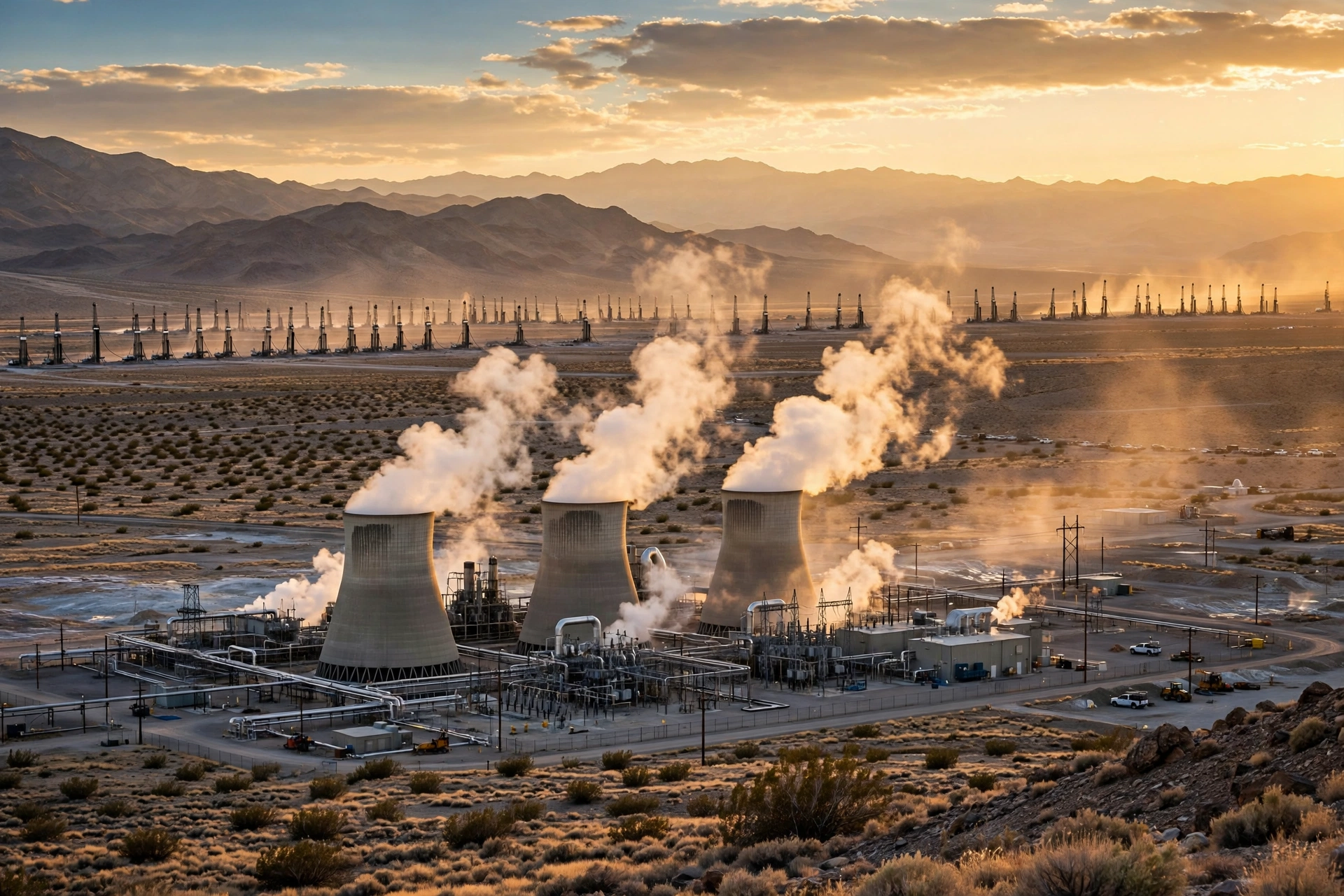 A geothermal drilling rig at dusk in the Utah desert, floodlit derrick against dark red rock formations, steam rising from wellheads in the foreground