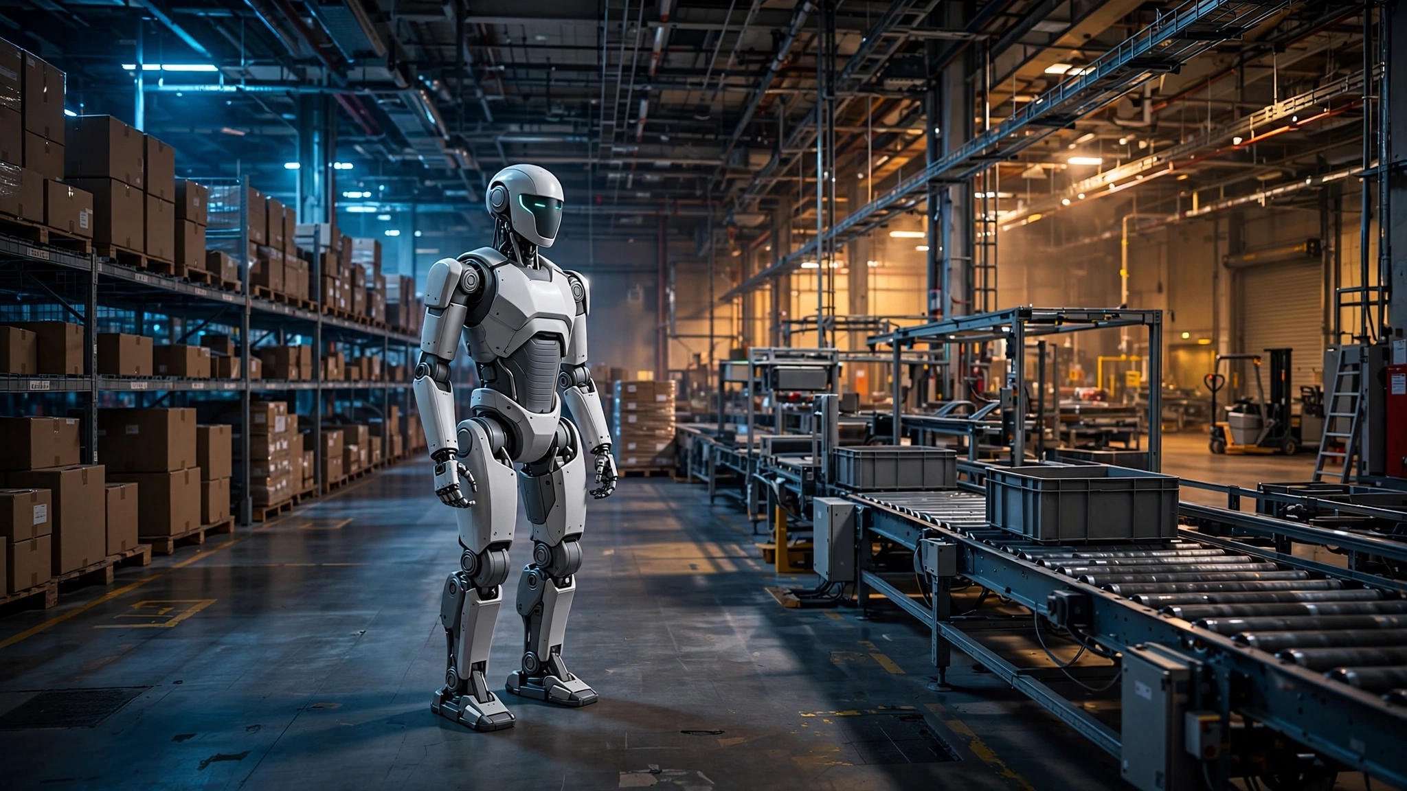 A humanoid robot standing in a vast, modern warehouse under industrial lighting, surrounded by shipping containers and conveyor systems