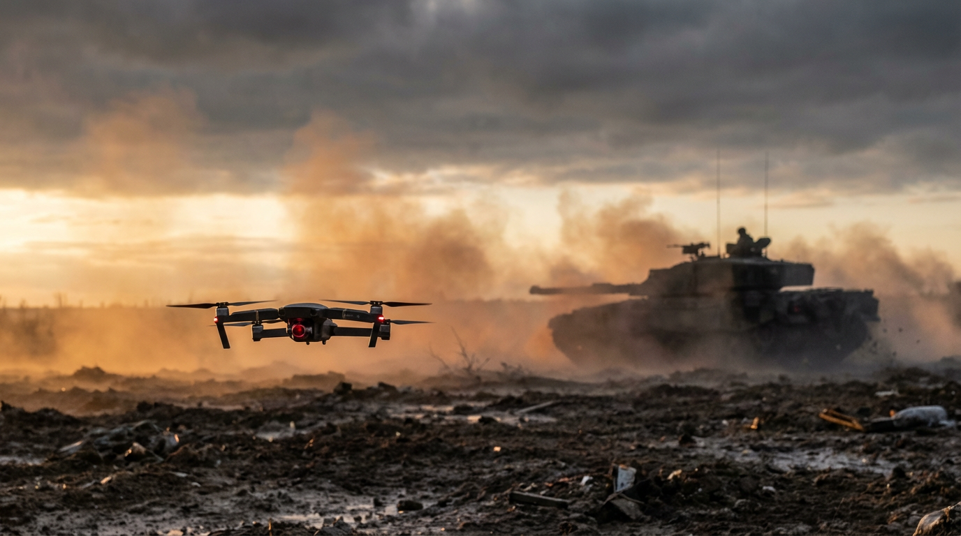 First-person-view drone flying low over a battlefield toward an armored vehicle