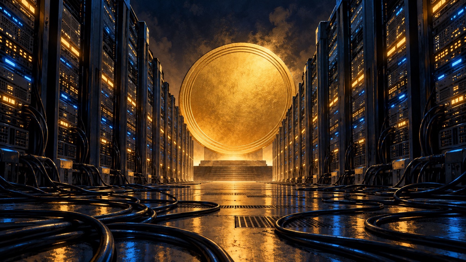 Editorial illustration of a glowing datacenter aisle receding toward an immense gold coin, rendered in amber and electric blue.