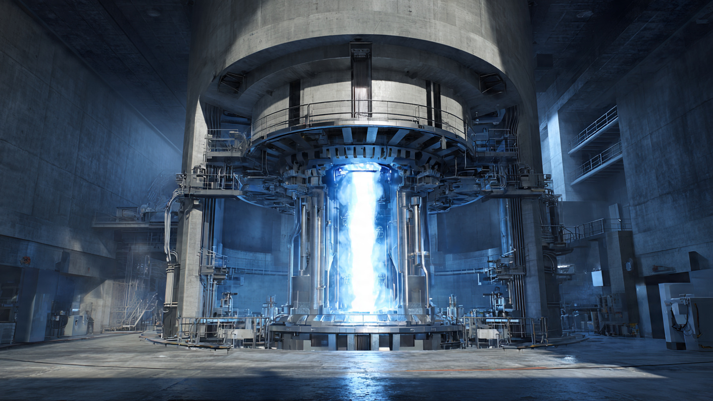 Cutaway illustration of a tokamak fusion reactor glowing with plasma, surrounded by financial charts and investment data visualizations