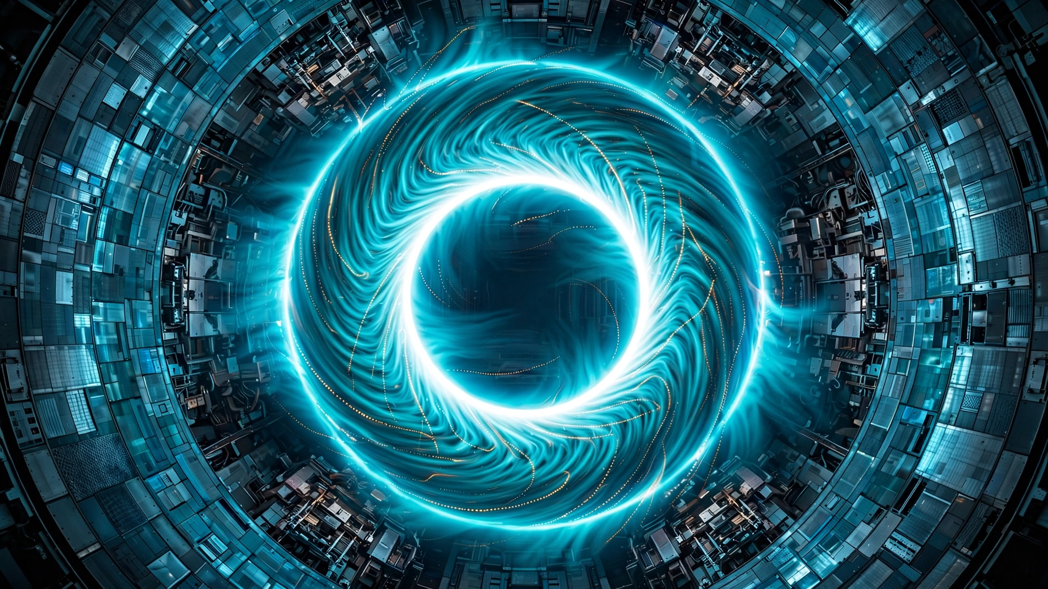 Artistic rendering of glowing alpha particles spiraling through a tokamak plasma, with visible zonal flow structures suppressing turbulent eddies