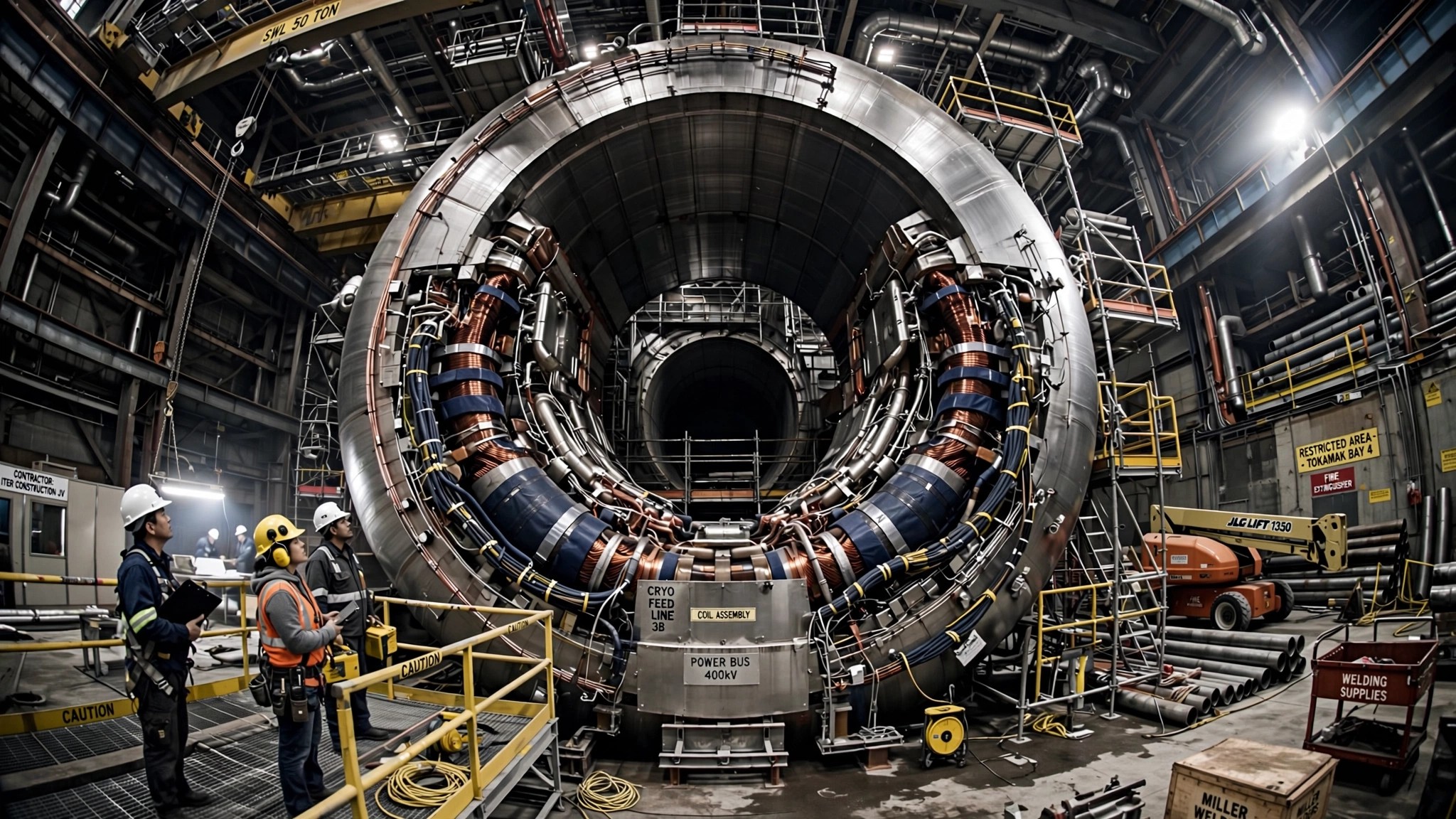 Interior of a massive tokamak fusion reactor under construction, with curved vacuum vessel walls, superconducting magnet coils, and construction workers dwarfed by the scale
