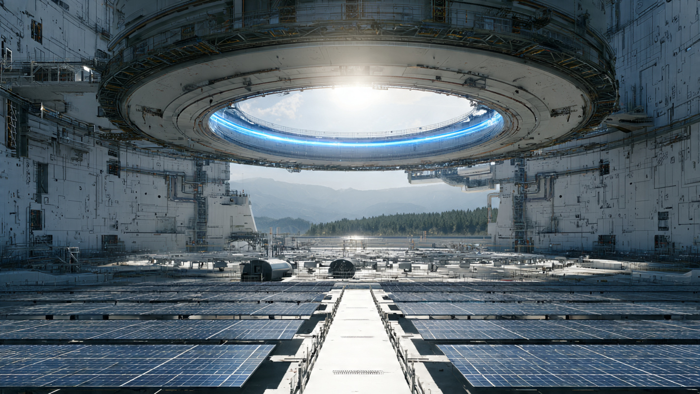 A massive tokamak fusion reactor interior with glowing blue plasma, juxtaposed against a vast solar farm stretching to the horizon
