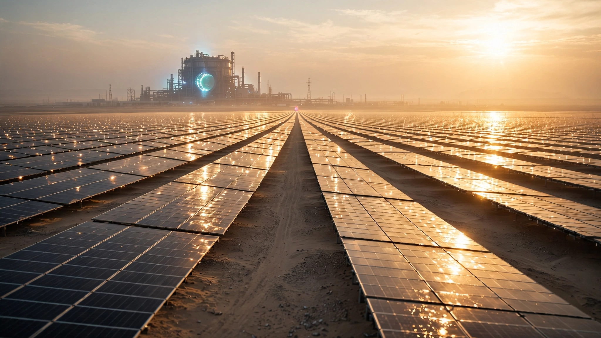 Abstract visualization of an enormous fusion reactor silhouetted against a horizon filled with solar panels stretching to infinity