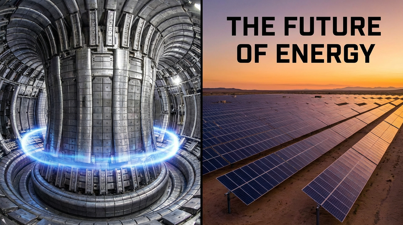 Fusion reactor interior juxtaposed with solar panel field