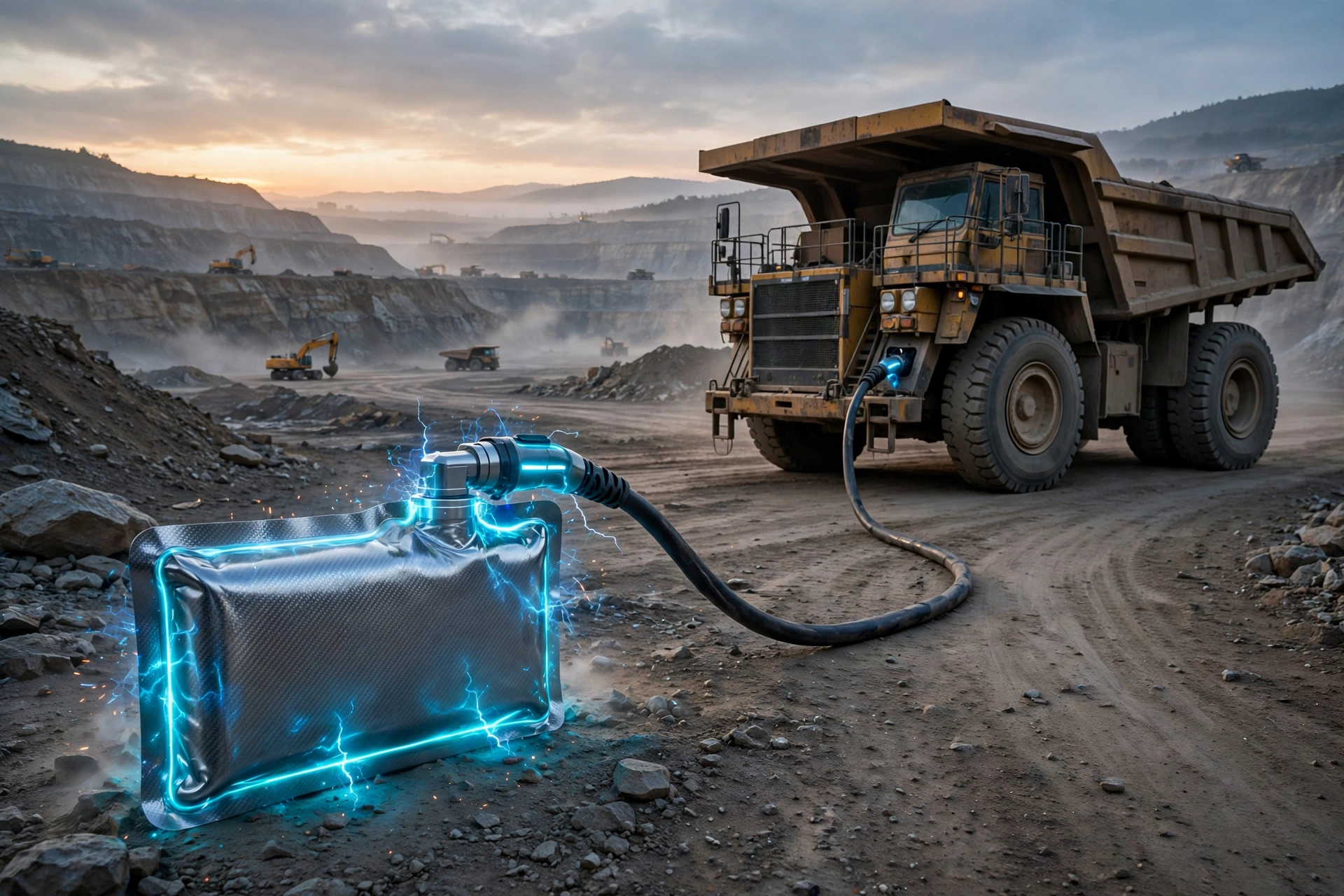 A graphene aluminum-ion pouch battery cell charging at high speed beside a heavy mining truck, glowing energy arcs and a six-minute timer motif, industrial setting, no text