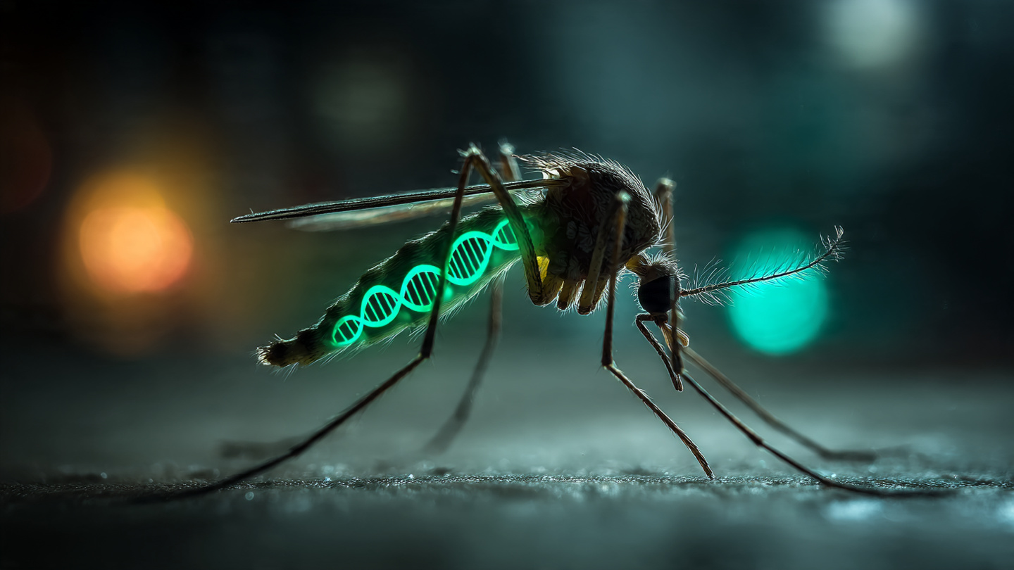 CRISPR gene-drive mosquito macro photograph with green double-helix glow in laboratory setting