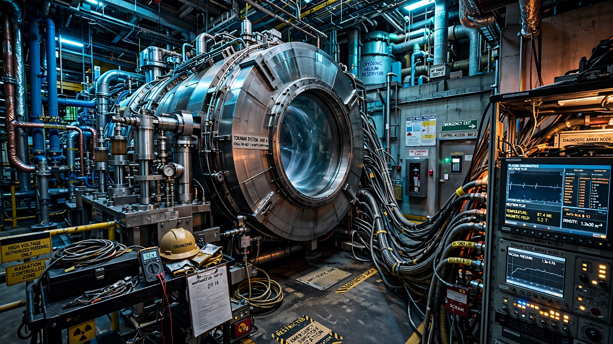 A large cylindrical fusion machine surrounded by diagnostic equipment in a bright industrial facility