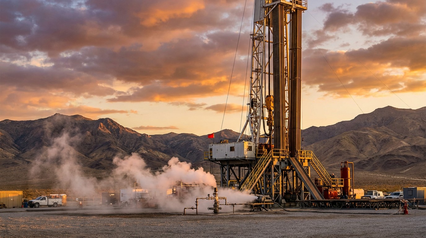Enhanced geothermal drilling rig in Nevada desert with steam rising from wellhead