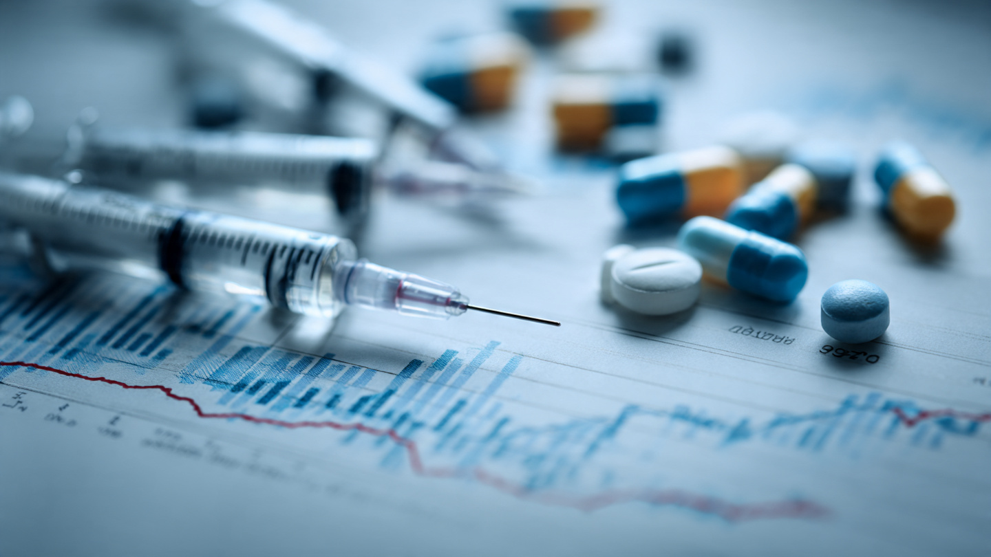 Array of pharmaceutical pills and injection pens arranged on a descending price curve, clinical laboratory setting with data charts in background, photorealistic medical photography