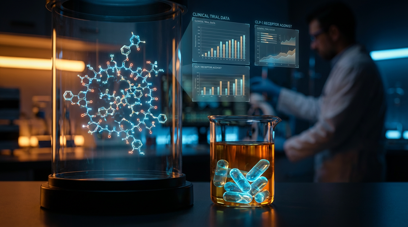 Laboratory setting with GLP-1 molecule visualization and pharmaceutical research aesthetic