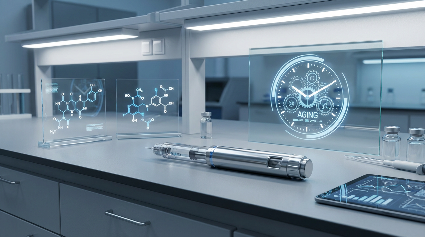 GLP-1 injection pen on laboratory bench