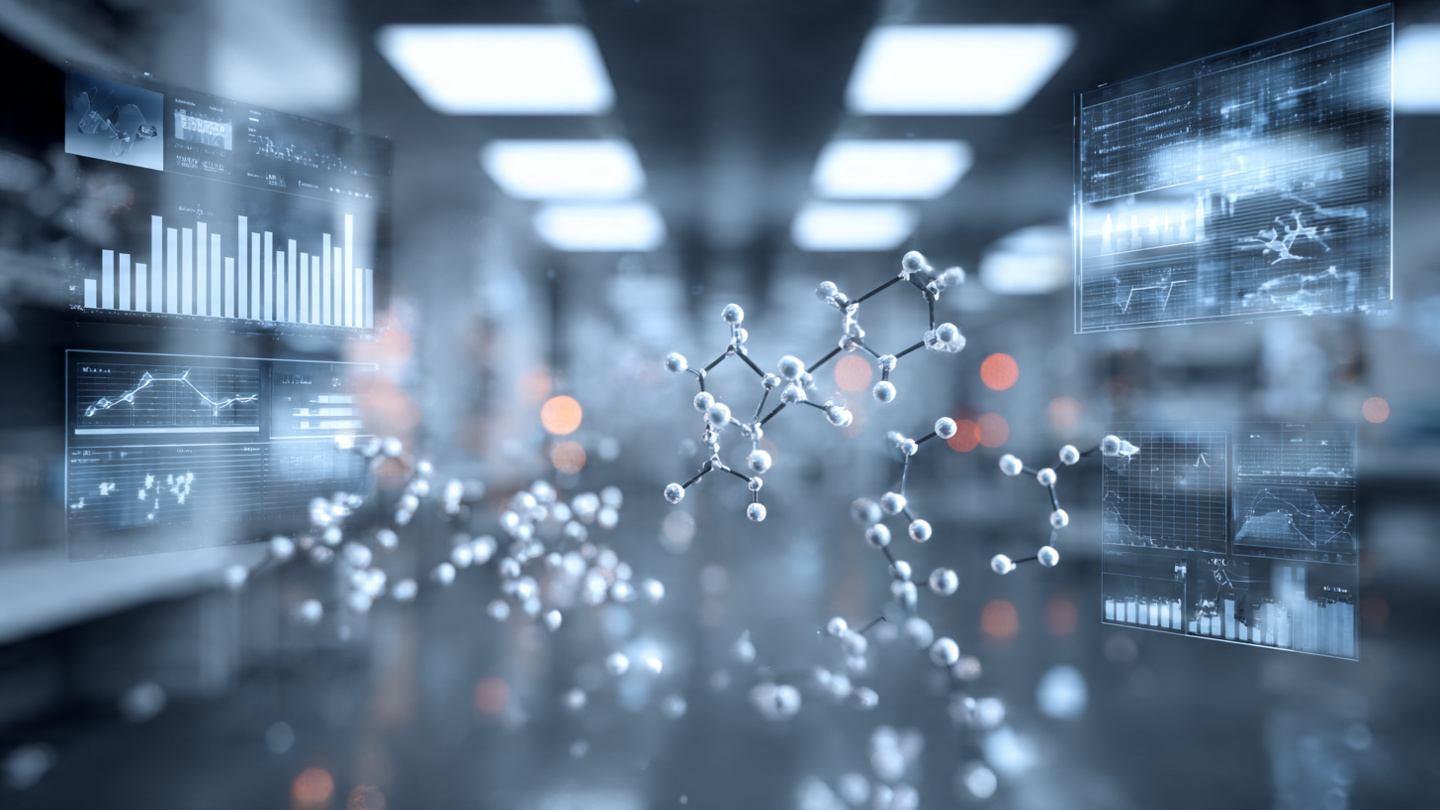 A clinical research laboratory with rows of vials containing clear liquid, a large screen displaying mortality data charts, sterile blue-white lighting
