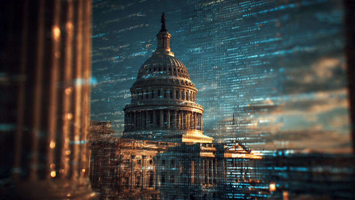 The U.S. Capitol at dusk overlaid with digital code patterns, symbolizing the tension between legislation and AI technology