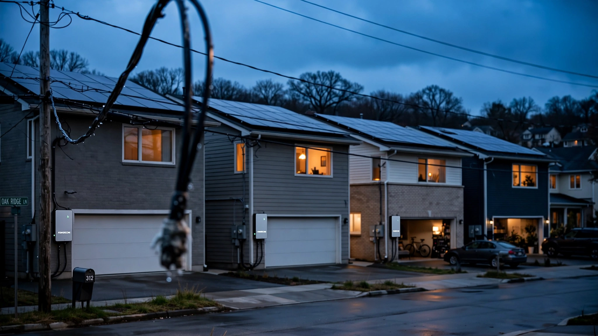 Residential neighborhood with solar panels and home battery units, power lines receding into the background