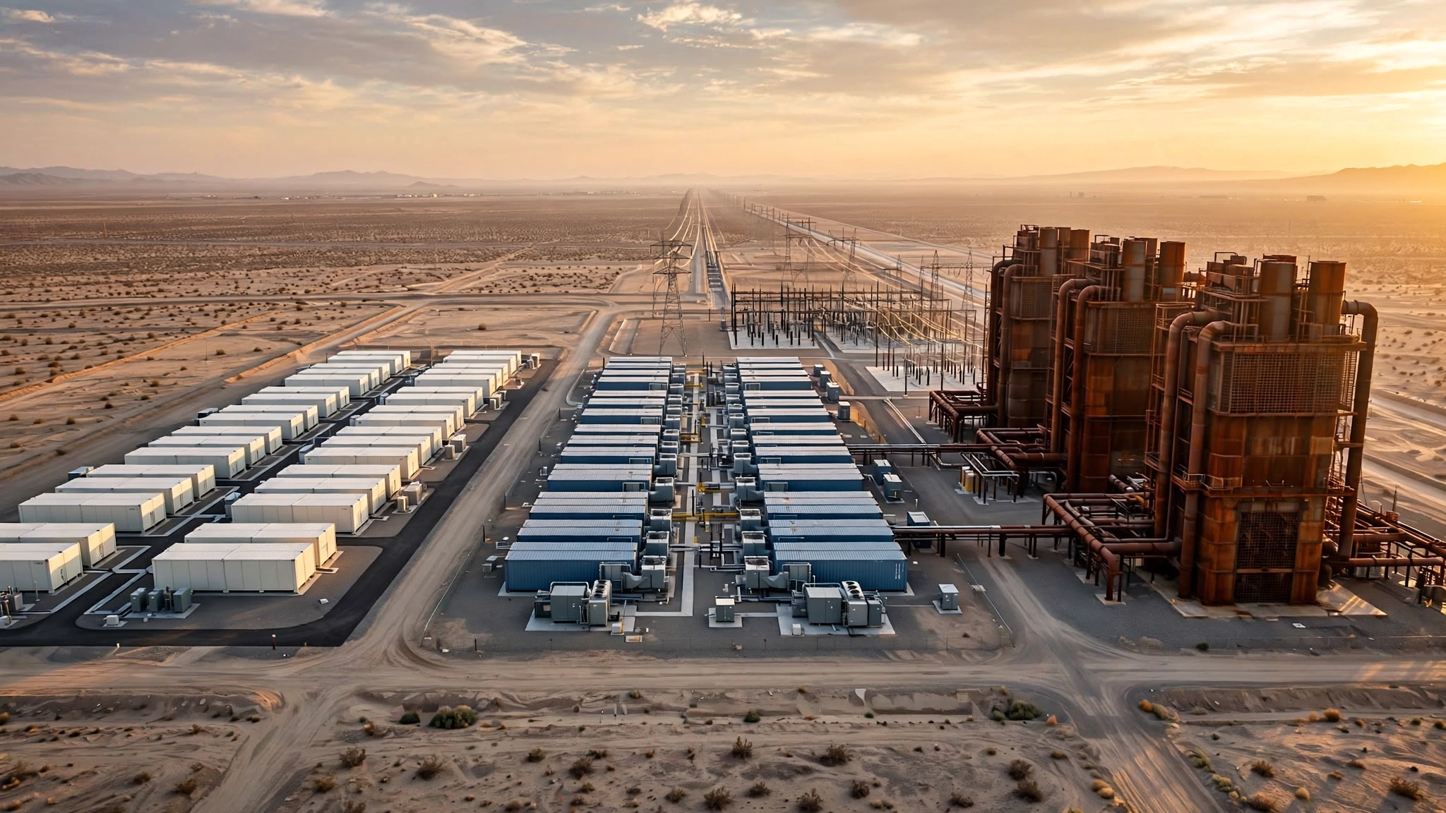Three massive battery storage installations stretching across a desert landscape at golden hour, each with distinctly different industrial architecture representing different battery chemistries, with power transmission lines connecting them to the horizon