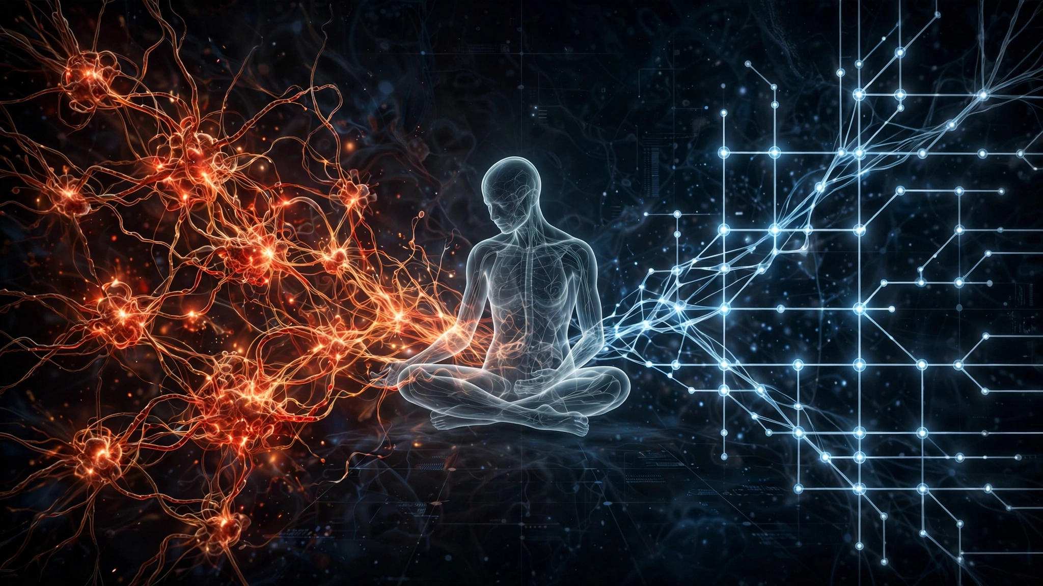 Abstract visualization of two diverging neural pathways, one bright and tangled, one calm and ordered, representing competing theories of intelligence and emotional sensitivity