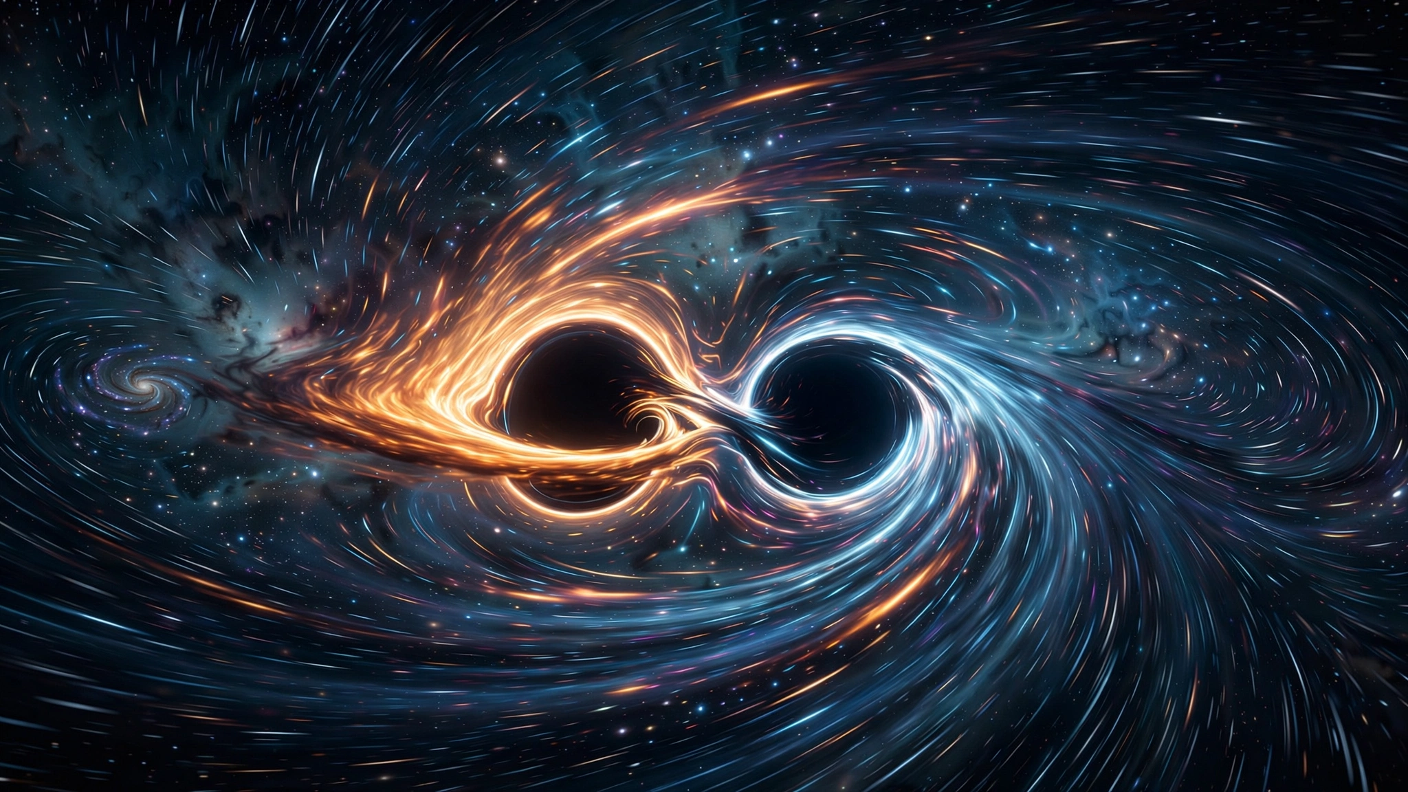 Artistic visualization of spacetime being dragged around a spinning black hole, with gravitational wave ripples emanating outward from the merger region