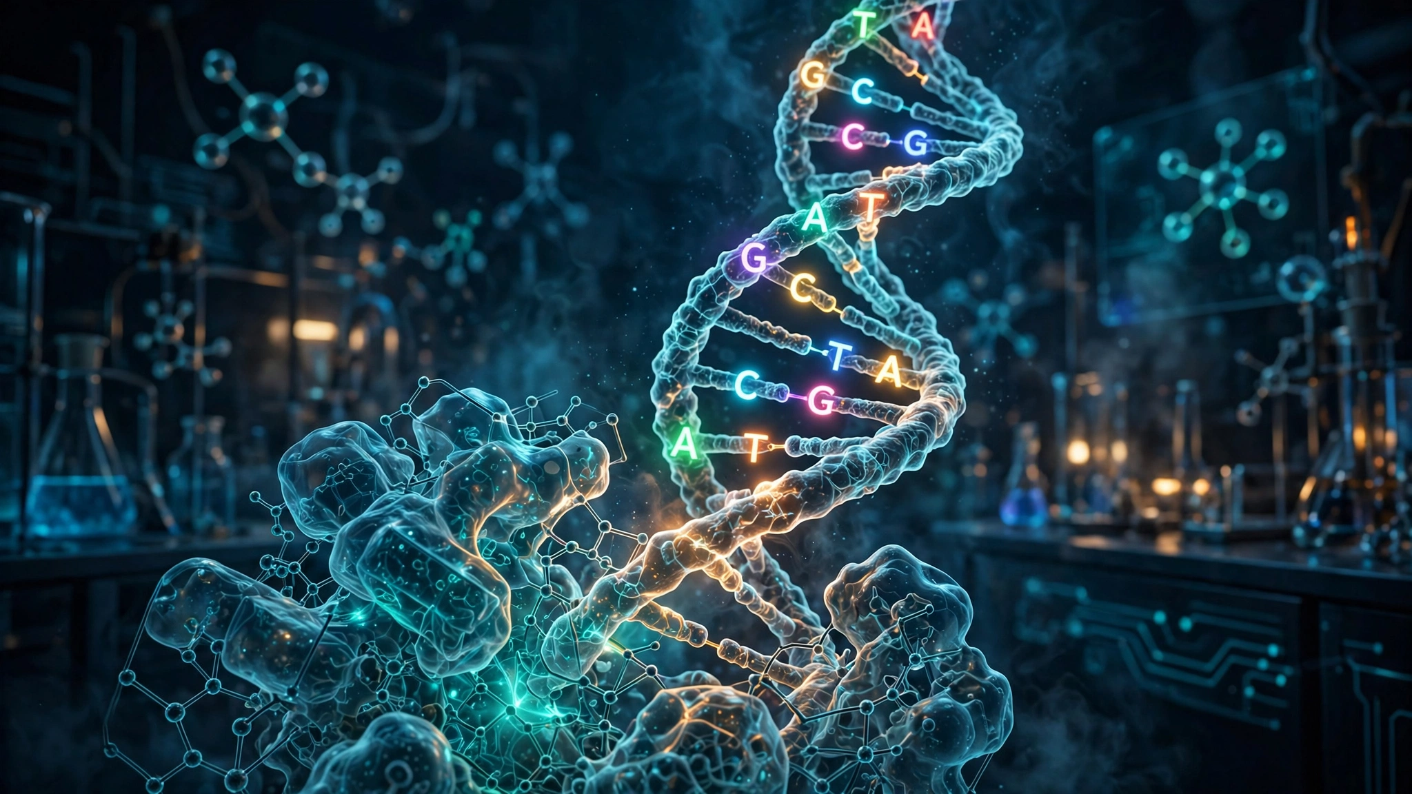 A glowing double helix with eight colored base letters spiraling around it, a large enzyme complex reading the strand in a dark molecular laboratory scene
