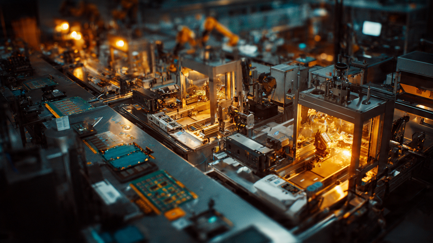 Electronics manufacturing line with semiconductor wafers and circuit boards