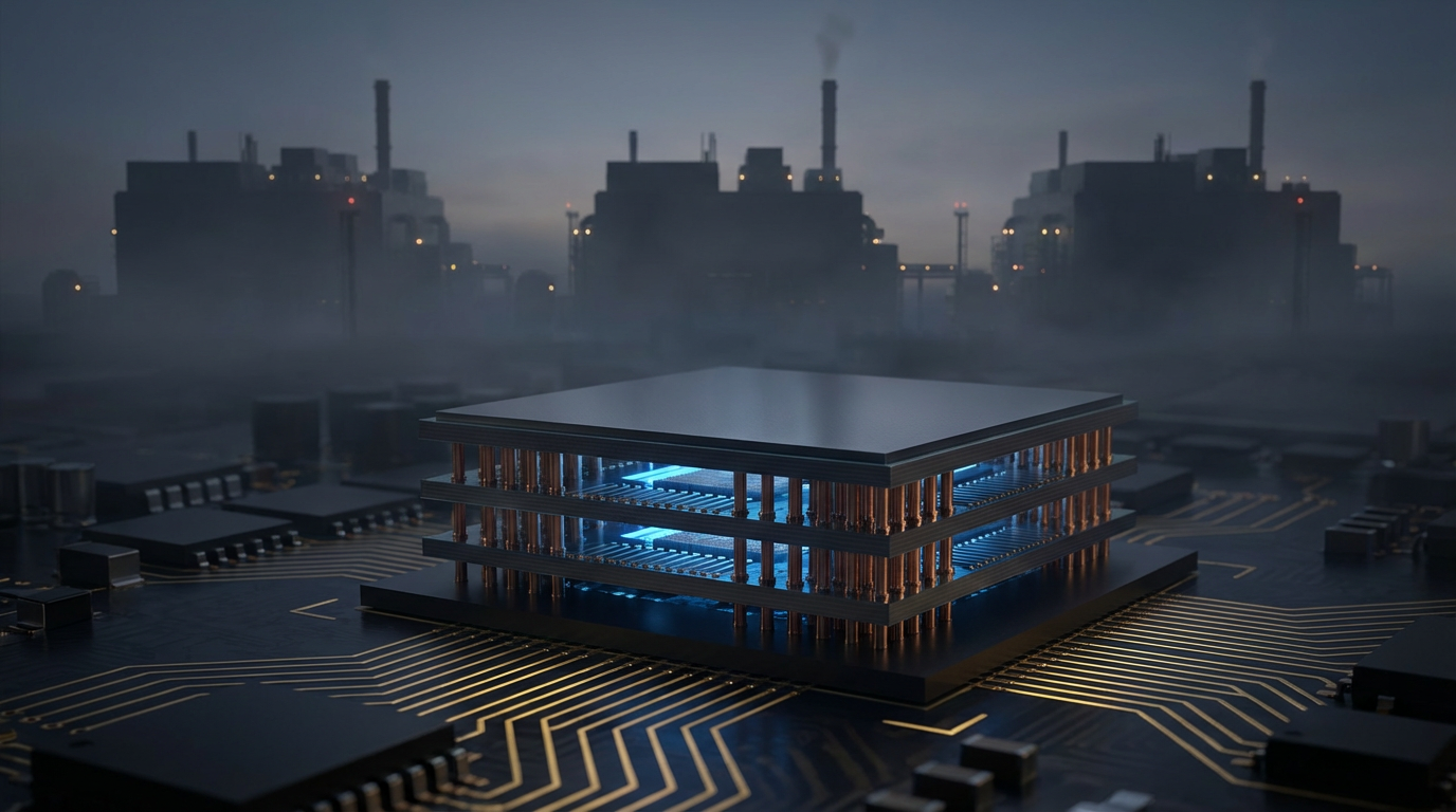 Close-up of HBM memory chip stacks with glowing blue through-silicon vias and three semiconductor fabs in background