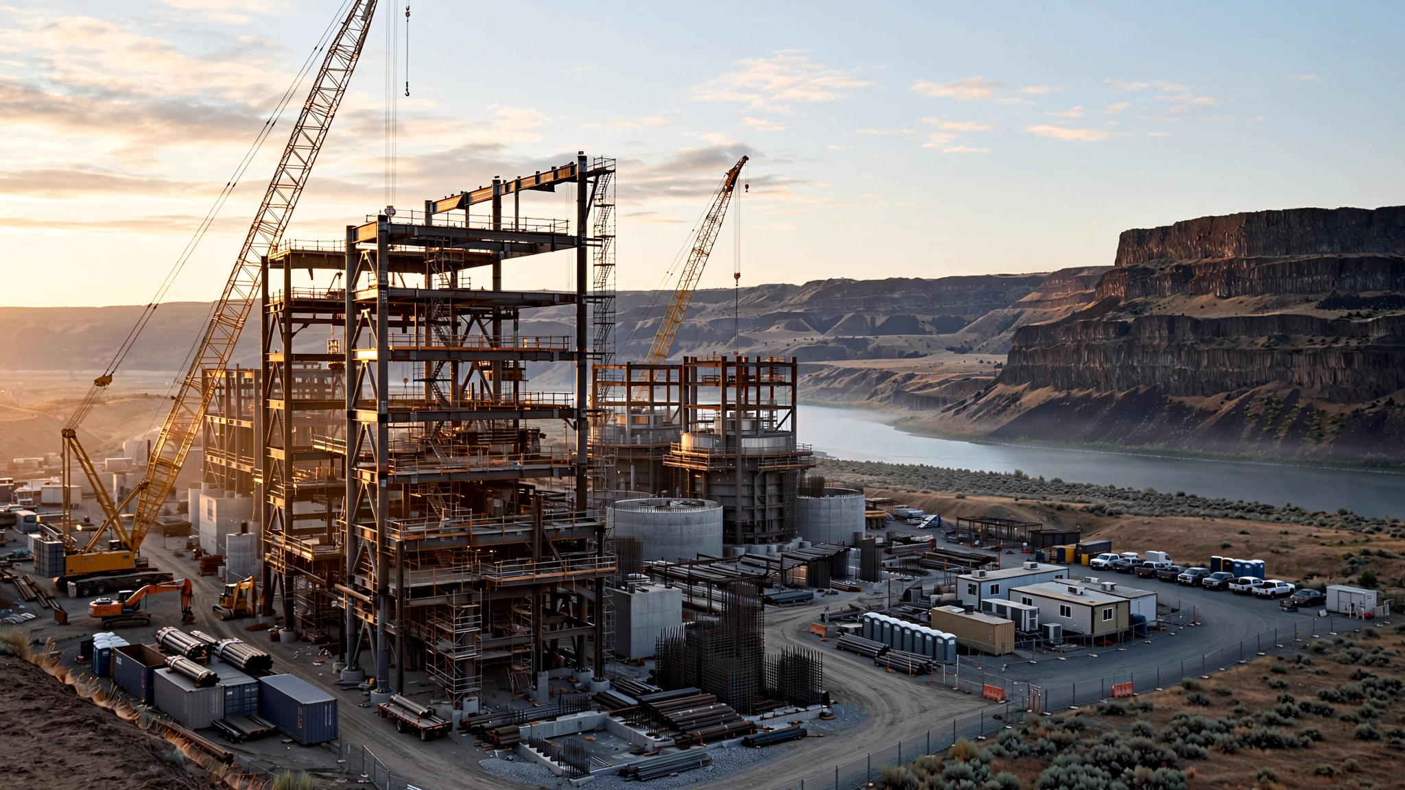 Steel framework of an industrial facility rising in the Columbia River valley of central Washington state, with construction cranes against basalt bluffs at dawn